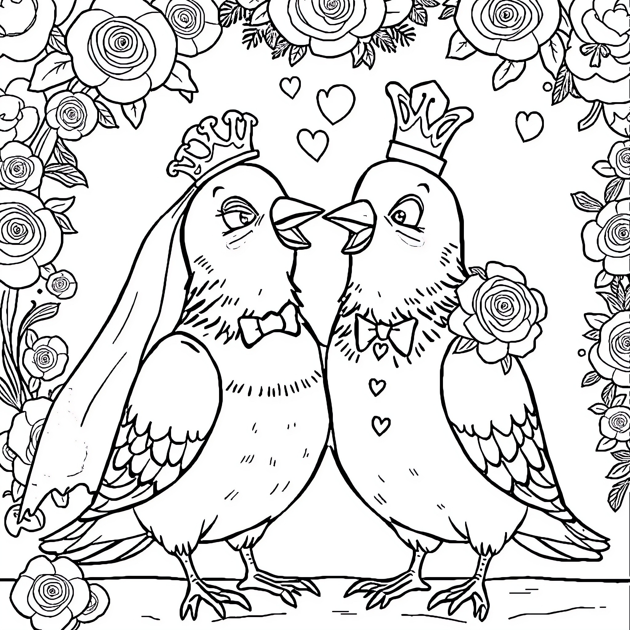 Pigeon love birds kissing with flowers Coloring Page (free black-and-white line drawing printable PDF for all, from beginners to advanced learners, including children, teens, adults, and seniors)