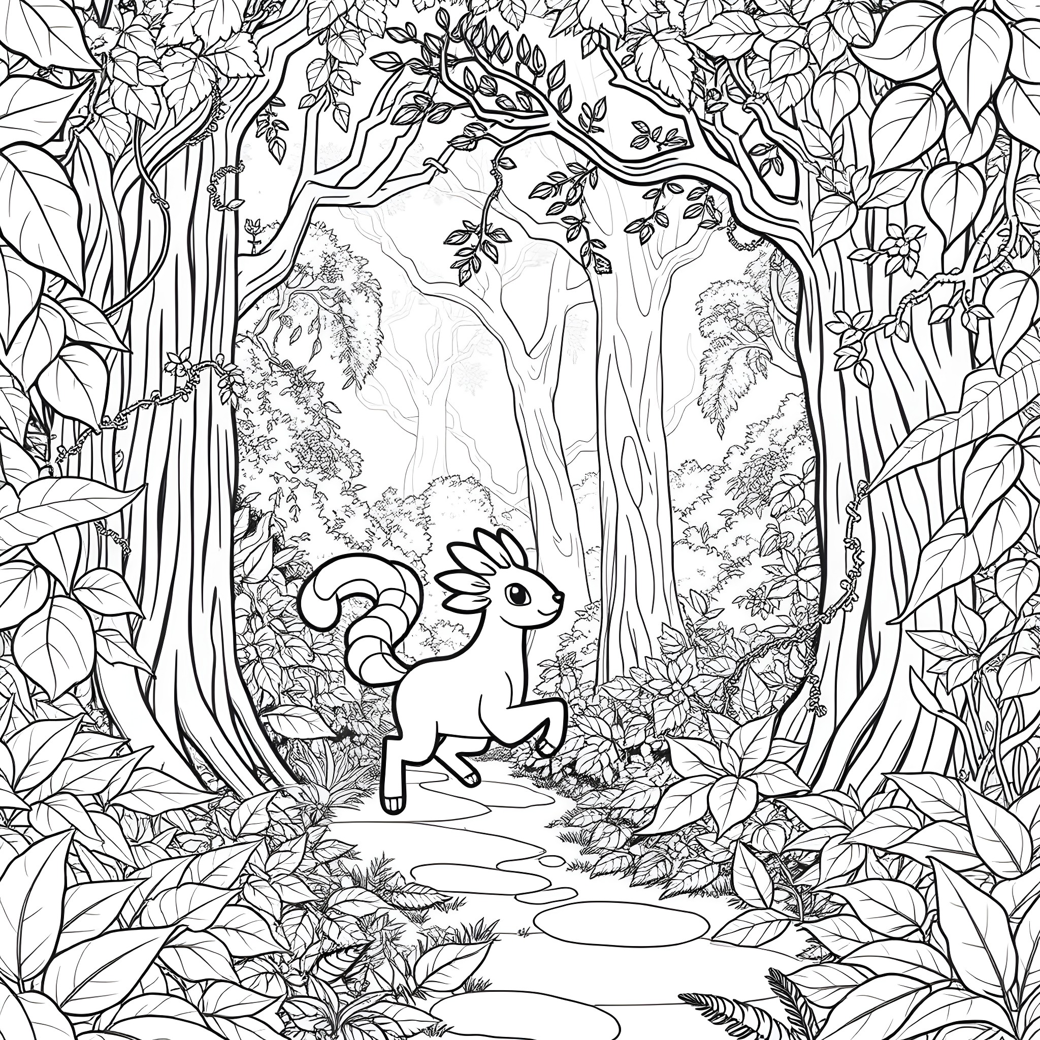 Gawonii Rabbit Exploring a Magical Forest Coloring Page (free black-and-white line drawing printable PDF for all, from beginners to advanced learners, including children, teens, adults, and seniors)