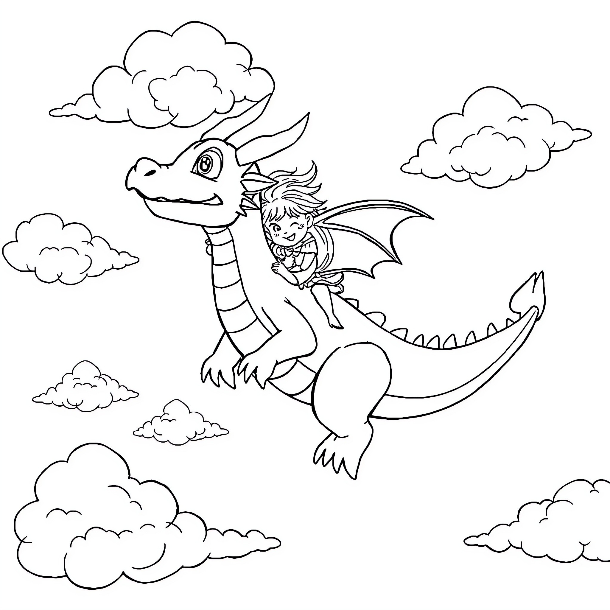 Dragon rider soaring through the clouds Coloring Page (free black-and-white line drawing printable PDF for all, from beginners to advanced learners, including children, teens, adults, and seniors)