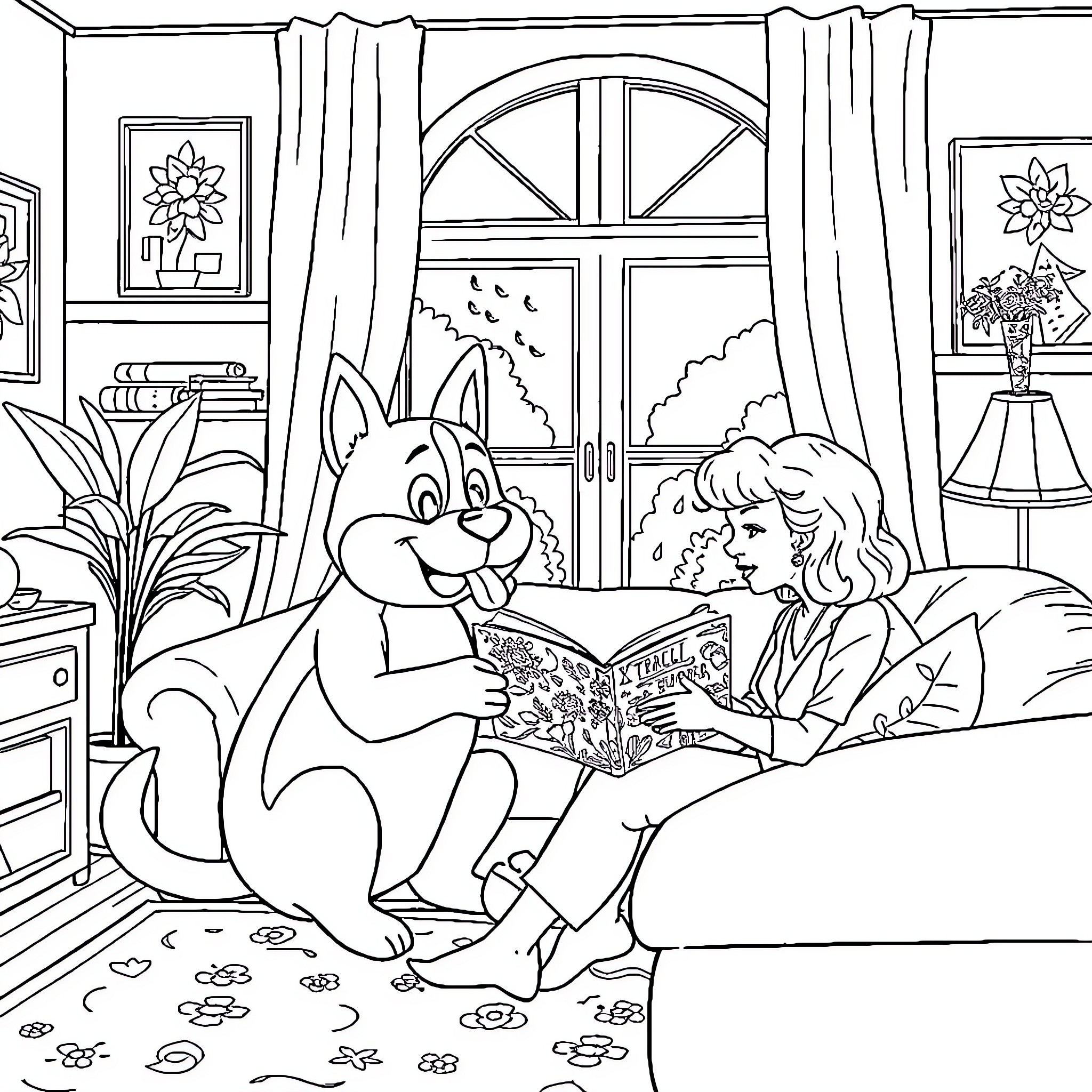 Brochure of a Girl Reading with a Pet Husky Coloring Page (free black-and-white line drawing printable PDF for all, from beginners to advanced learners, including children, teens, adults, and seniors)