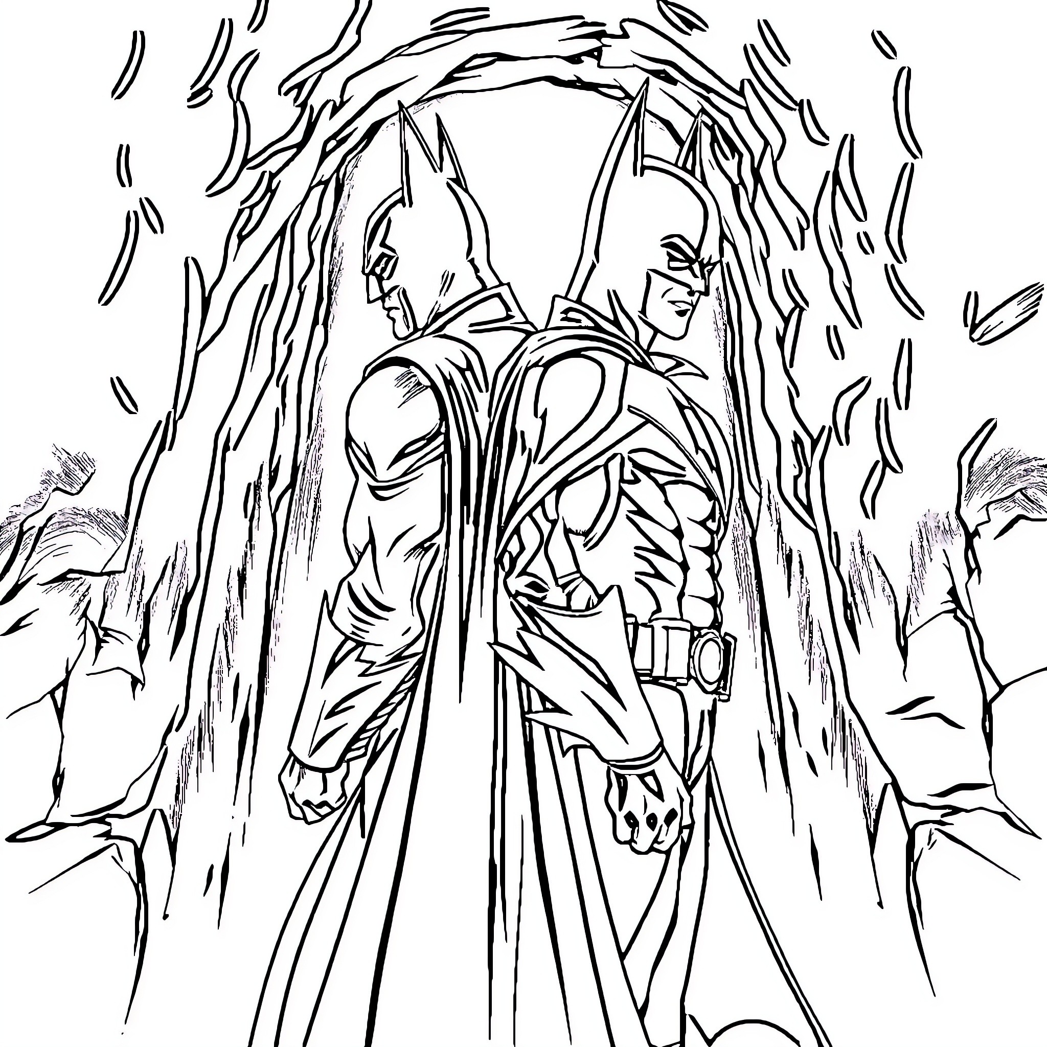 Batman standing tall in a dark, dramatic scene Coloring Page (free black-and-white line drawing printable PDF for all, from beginners to advanced learners, including children, teens, adults, and seniors)