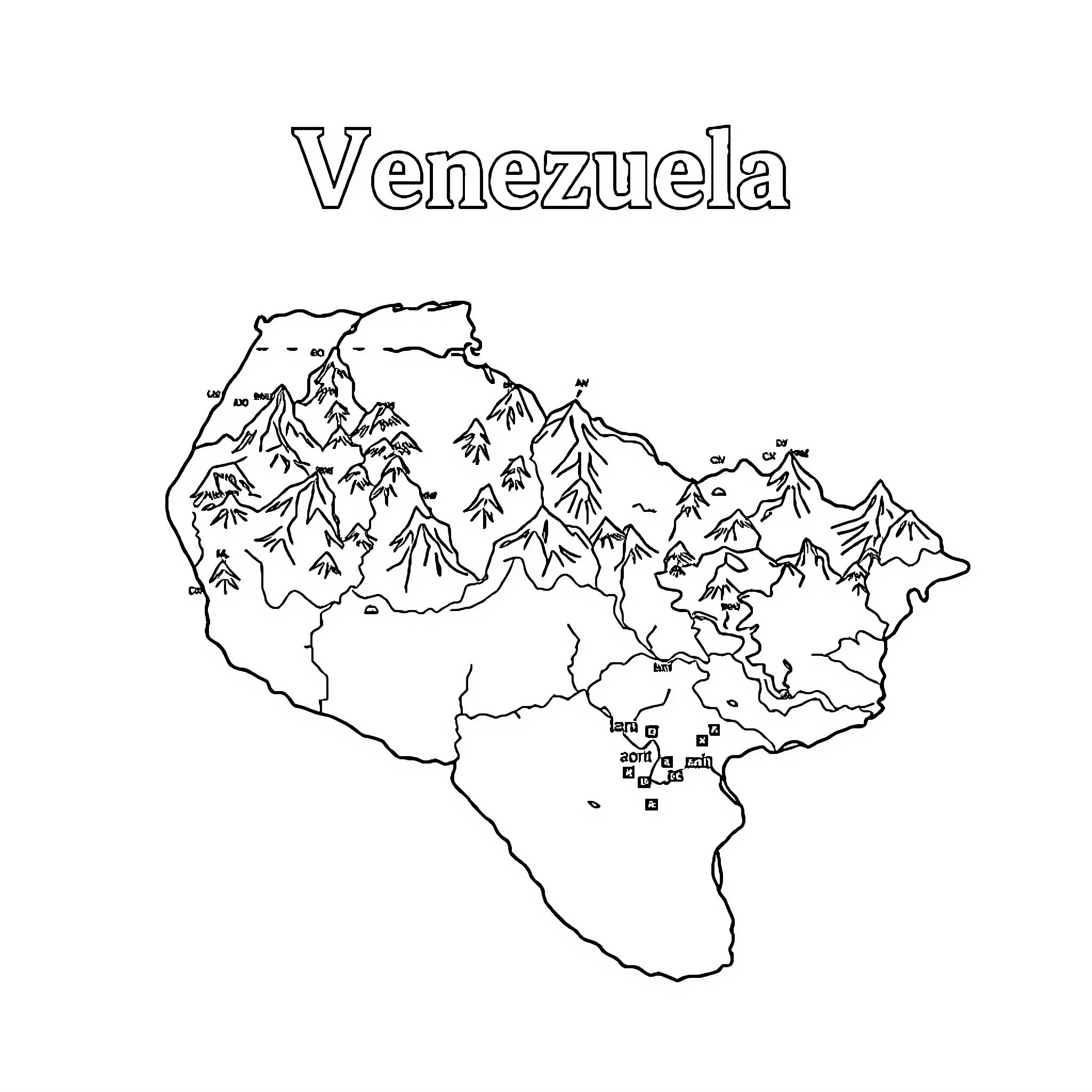 Map of Venezuela's geographical features Coloring Page (free black-and-white line drawing printable PDF for all, from beginners to advanced learners, including children, teens, adults, and seniors)