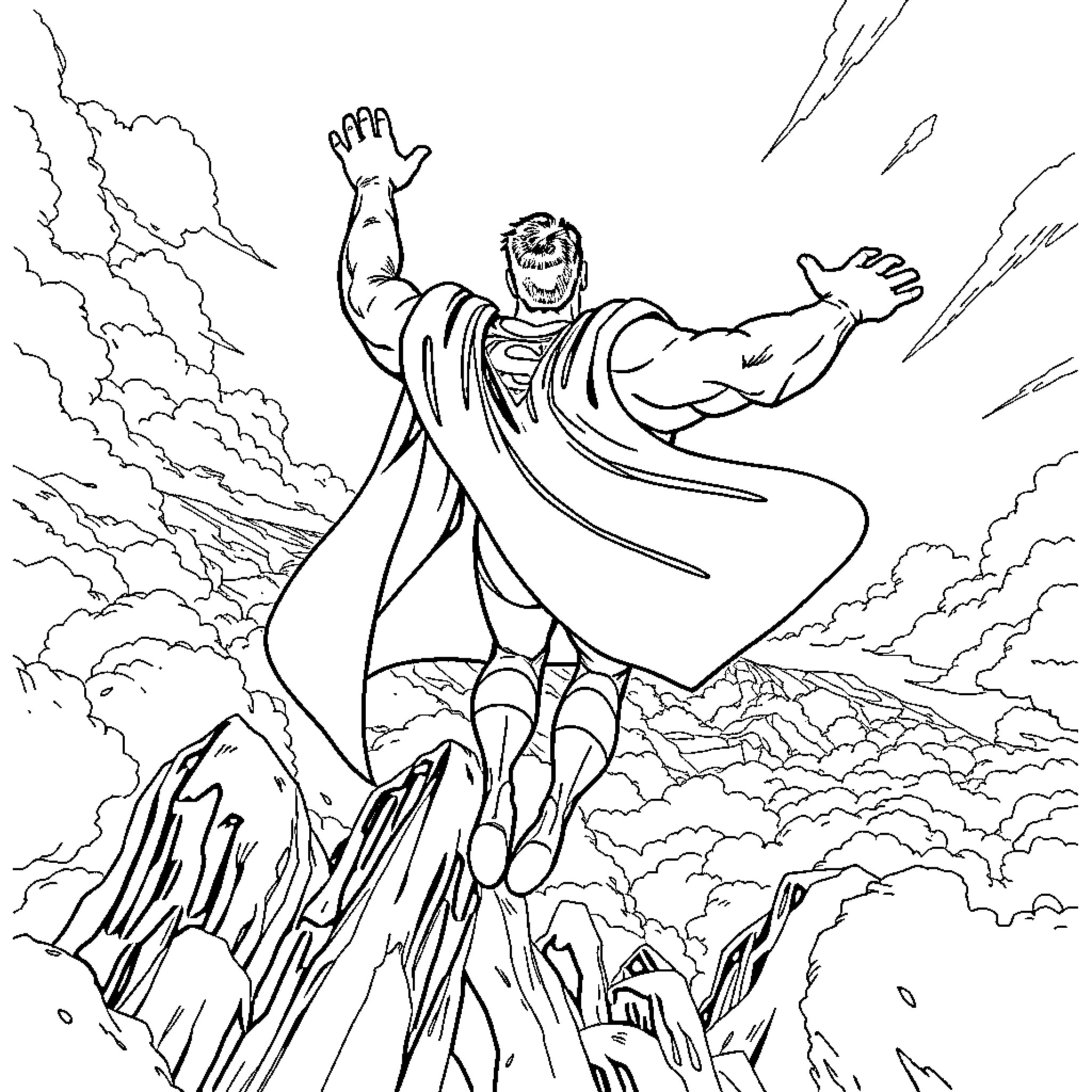 Superman flying through the clouds with heroic pose Coloring Page (free black-and-white line drawing printable PDF for all, from beginners to advanced learners, including children, teens, adults, and seniors)