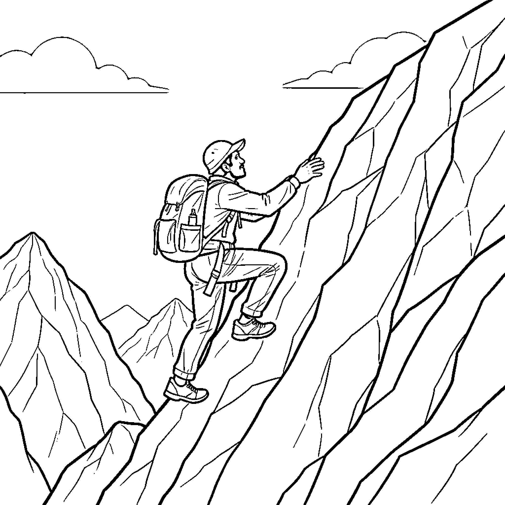 Person climbing challenging mountain terrain Coloring Page (free black-and-white line drawing printable PDF for all, from beginners to advanced learners, including children, teens, adults, and seniors)