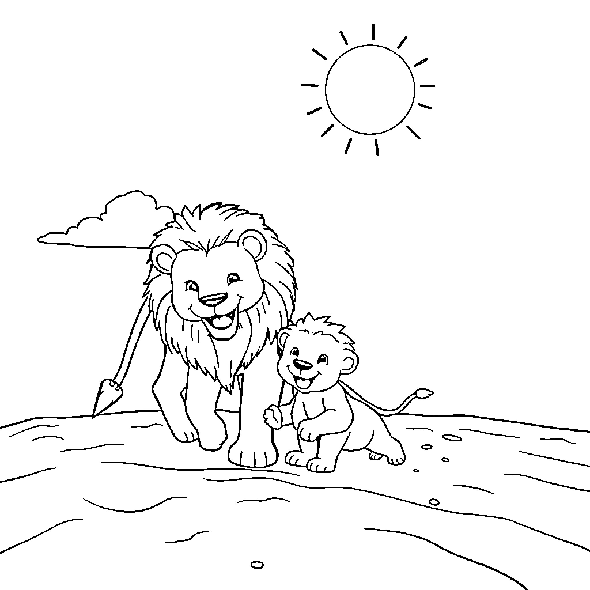 Leon and his young lion companion in the wild Coloring Page (free black-and-white line drawing printable PDF for all, from beginners to advanced learners, including children, teens, adults, and seniors)