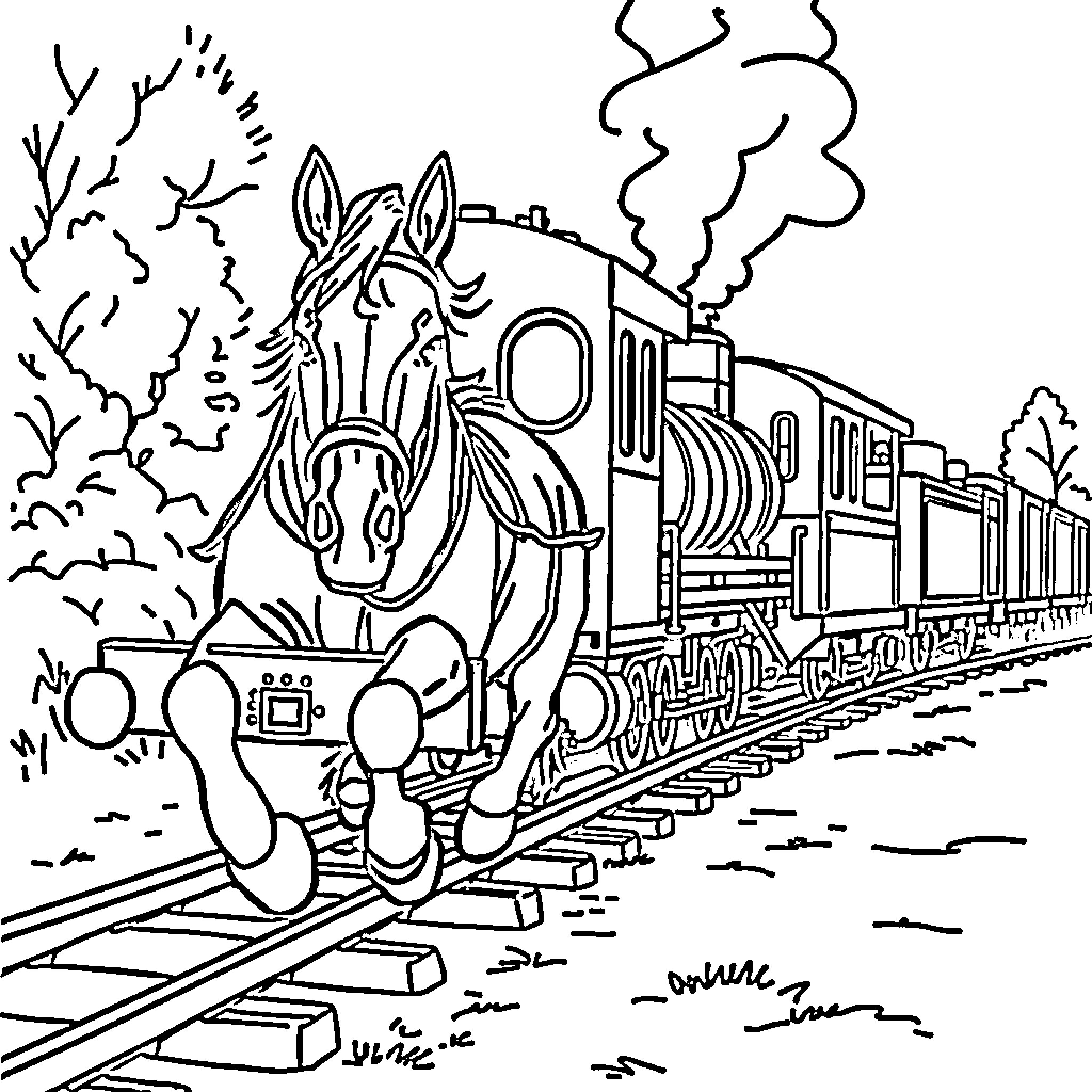 Horse-drawn train chugging along the tracks Coloring Page (free black-and-white line drawing printable PDF for all, from beginners to advanced learners, including children, teens, adults, and seniors)