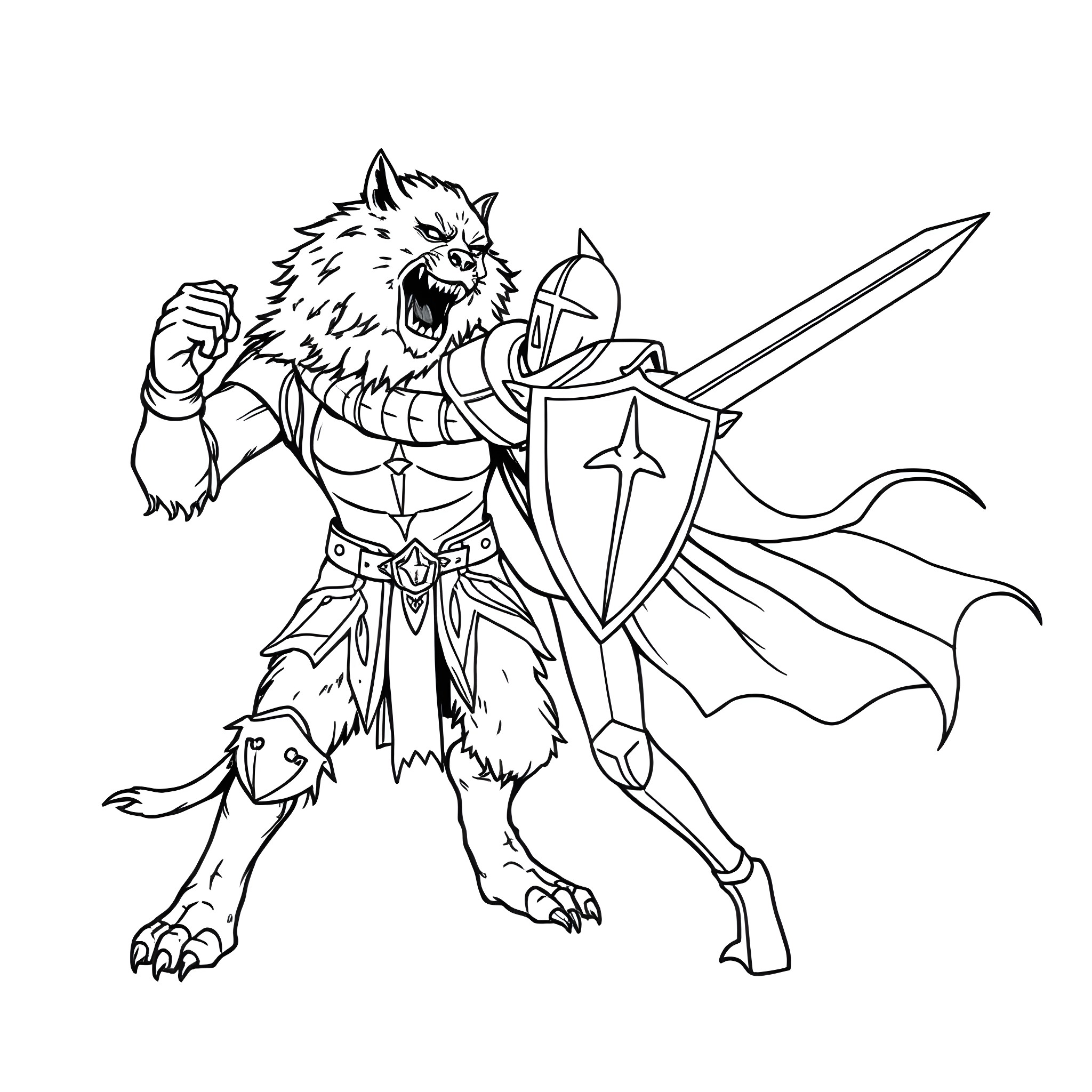 Knight Warrior Wielding Sword and Shield Coloring Page (free black-and-white line drawing printable PDF for all, from beginners to advanced learners, including children, teens, adults, and seniors)