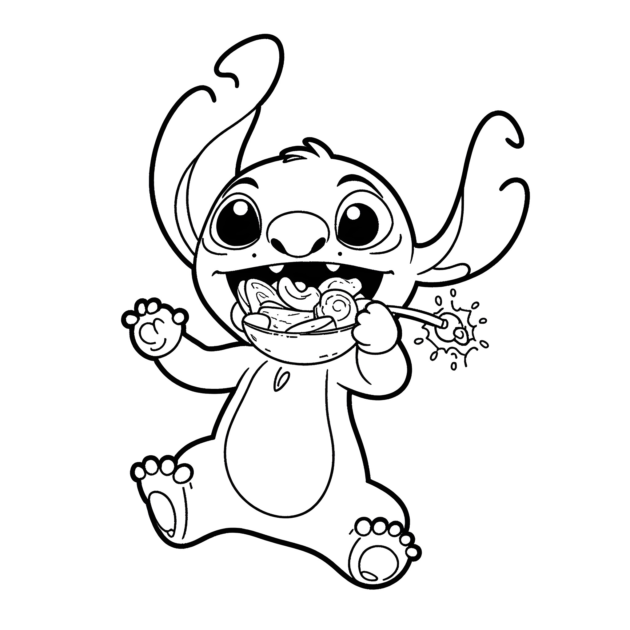 Stitch joyfully making a mess Coloring Page (free black-and-white line drawing printable PDF for all, from beginners to advanced learners, including children, teens, adults, and seniors)