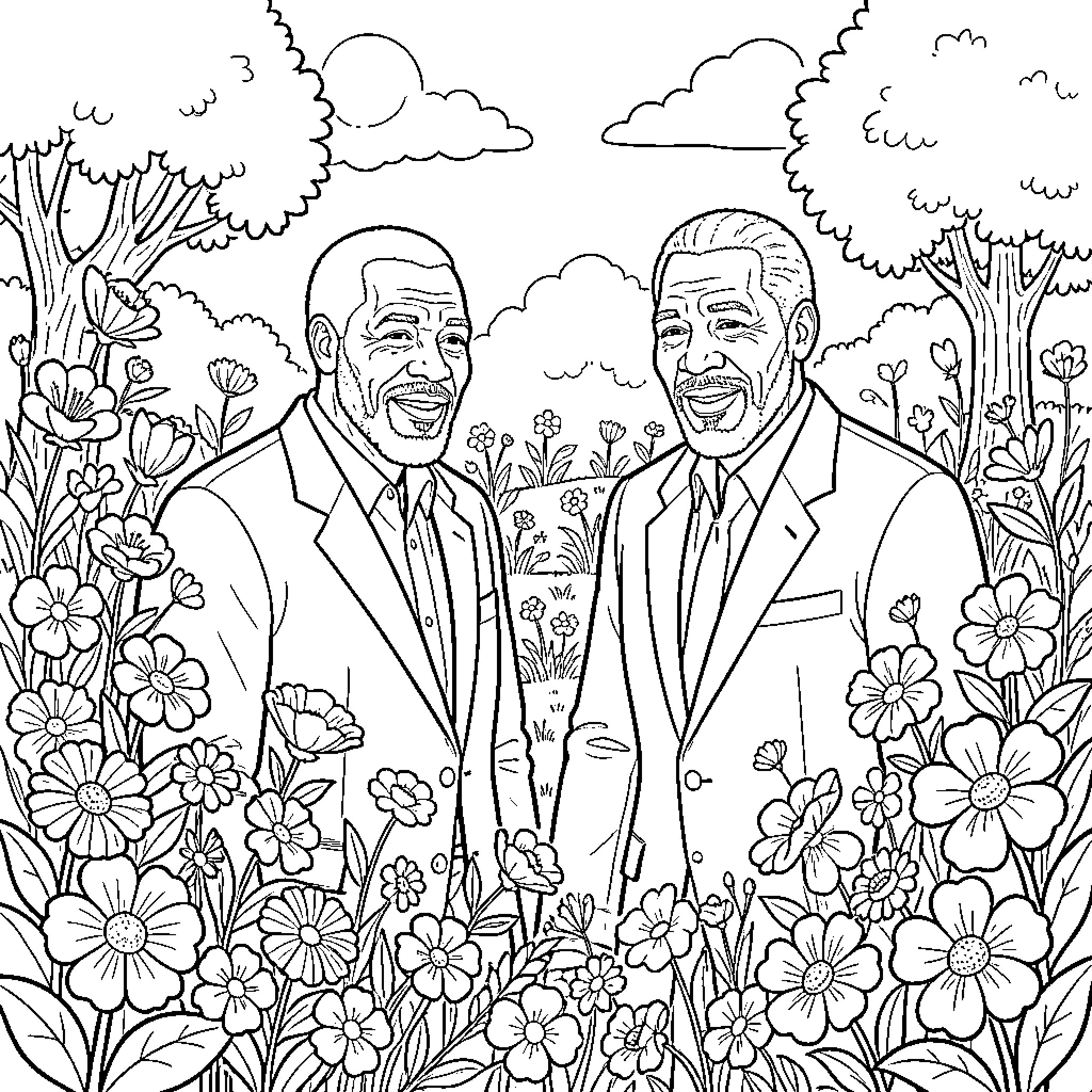 Mandala of Joyful Companions in a Flower-Filled Landscape Coloring Page (free black-and-white line drawing printable PDF for all, from beginners to advanced learners, including children, teens, adults, and seniors)