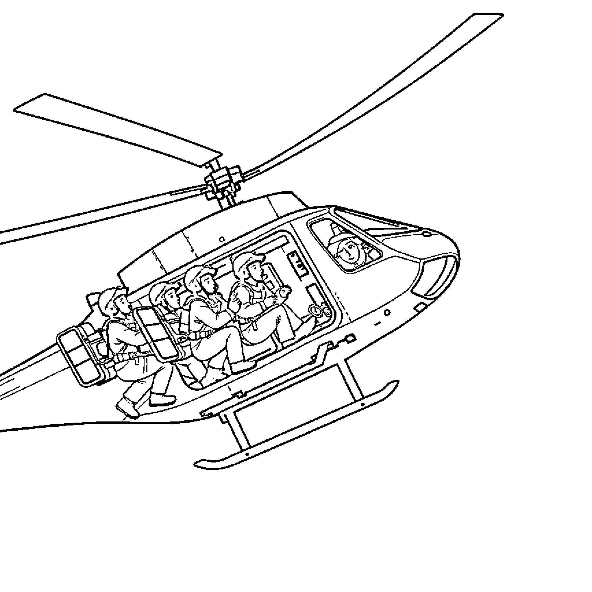 Firefighter rescue team transported by helicopter Coloring Page (free black-and-white line drawing printable PDF for all, from beginners to advanced learners, including children, teens, adults, and seniors)