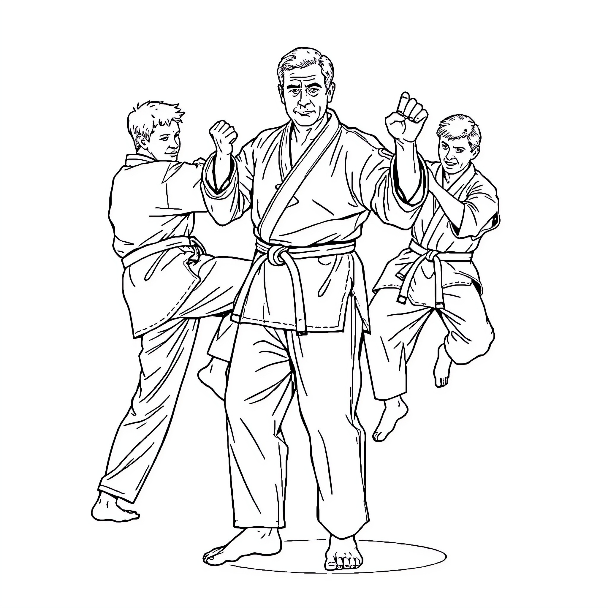 Karate Master Demonstrating Martial Arts with Students Coloring Page (free black-and-white line drawing printable PDF for all, from beginners to advanced learners, including children, teens, adults, and seniors)