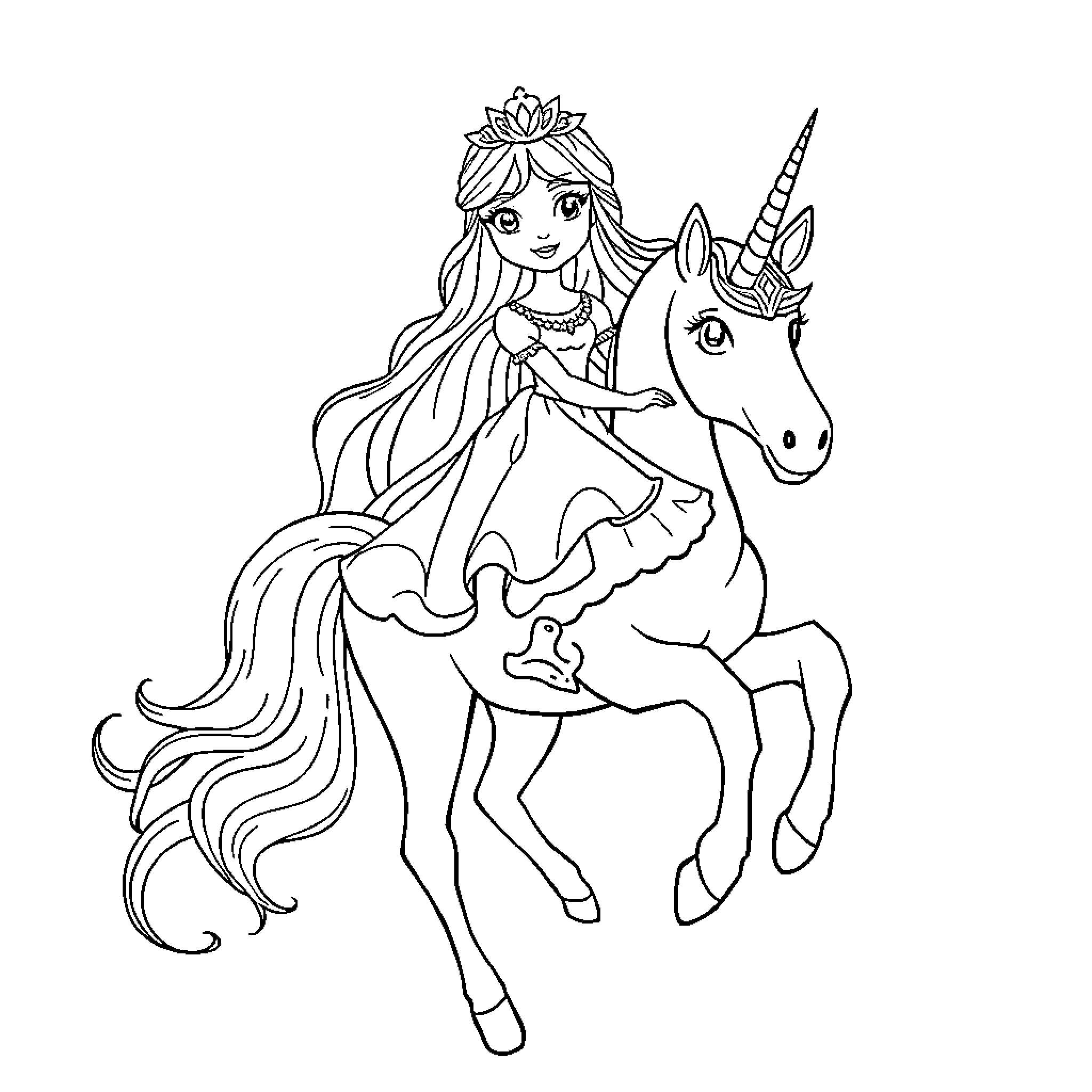 Princess Riding a Magical Unicorn Coloring Page (free black-and-white line drawing printable PDF for all, from beginners to advanced learners, including children, teens, adults, and seniors)