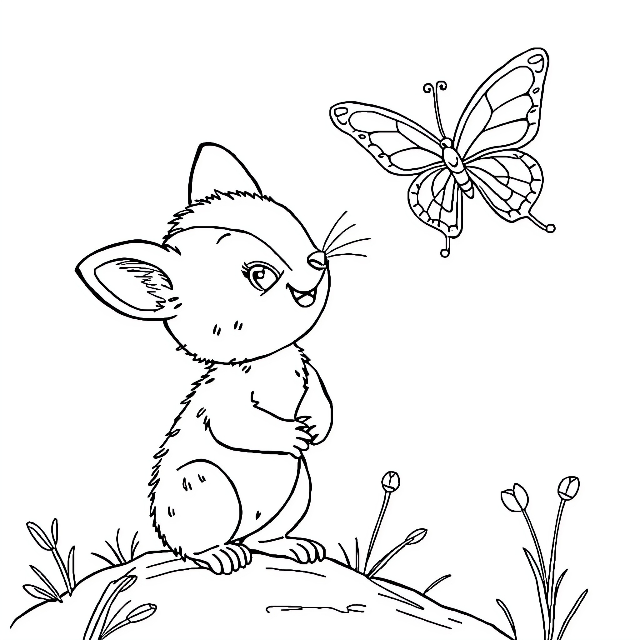 Chiot delighted by butterfly in the garden Coloring Page (free black-and-white line drawing printable PDF for all, from beginners to advanced learners, including children, teens, adults, and seniors)
