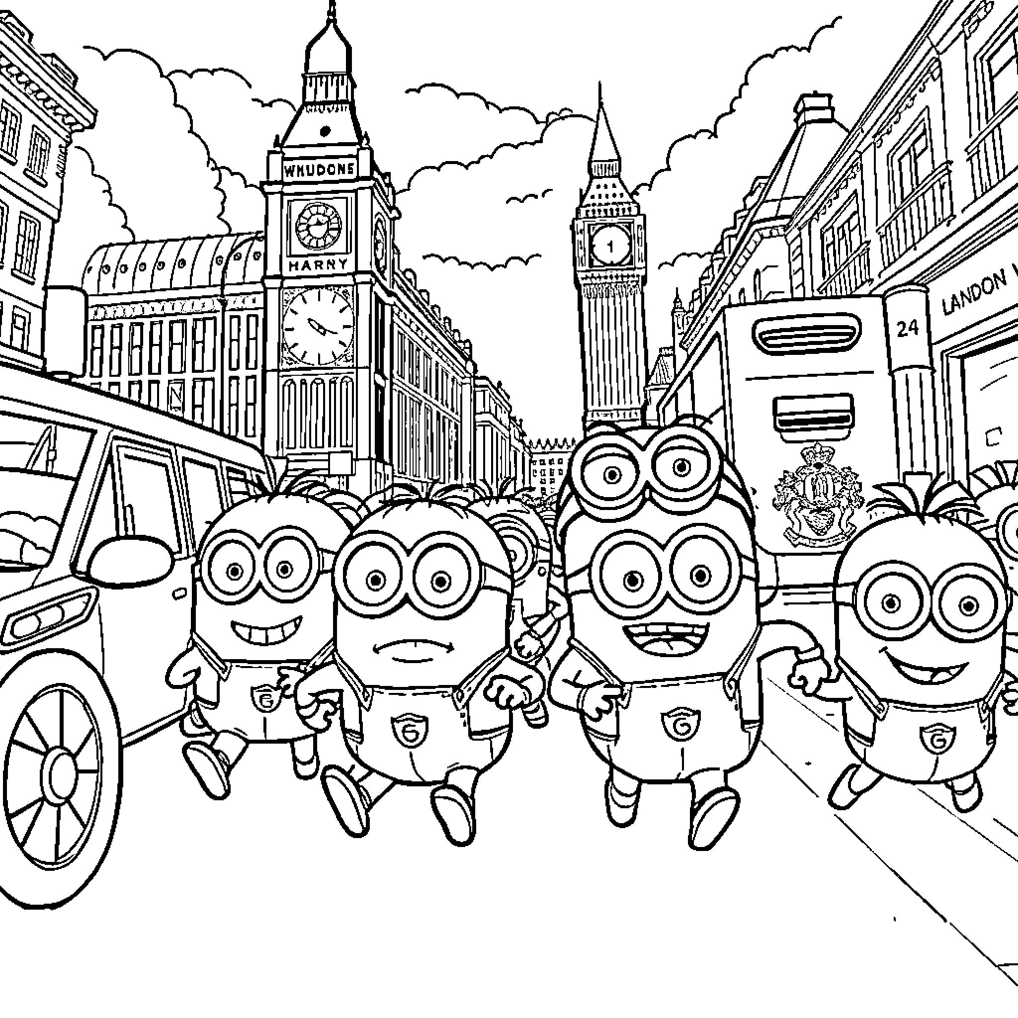 Minions exploring the bustling city of London Coloring Page (free black-and-white line drawing printable PDF for all, from beginners to advanced learners, including children, teens, adults, and seniors)