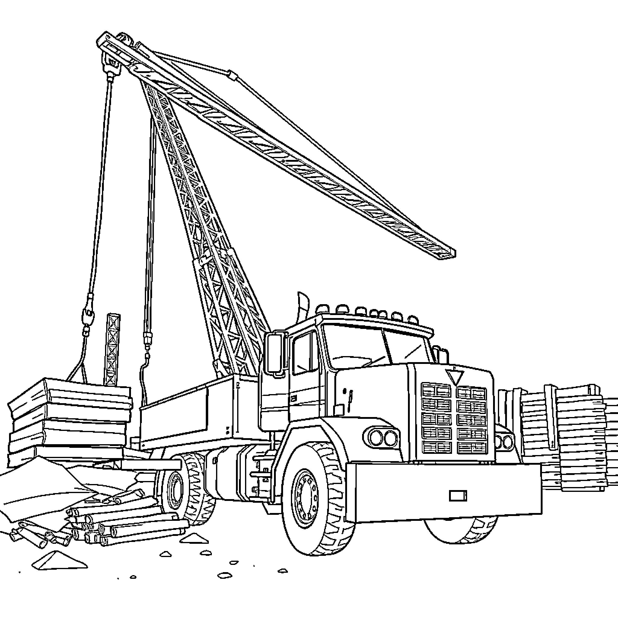 Truck crane at construction site Coloring Page (free black-and-white line drawing printable PDF for all, from beginners to advanced learners, including children, teens, adults, and seniors)