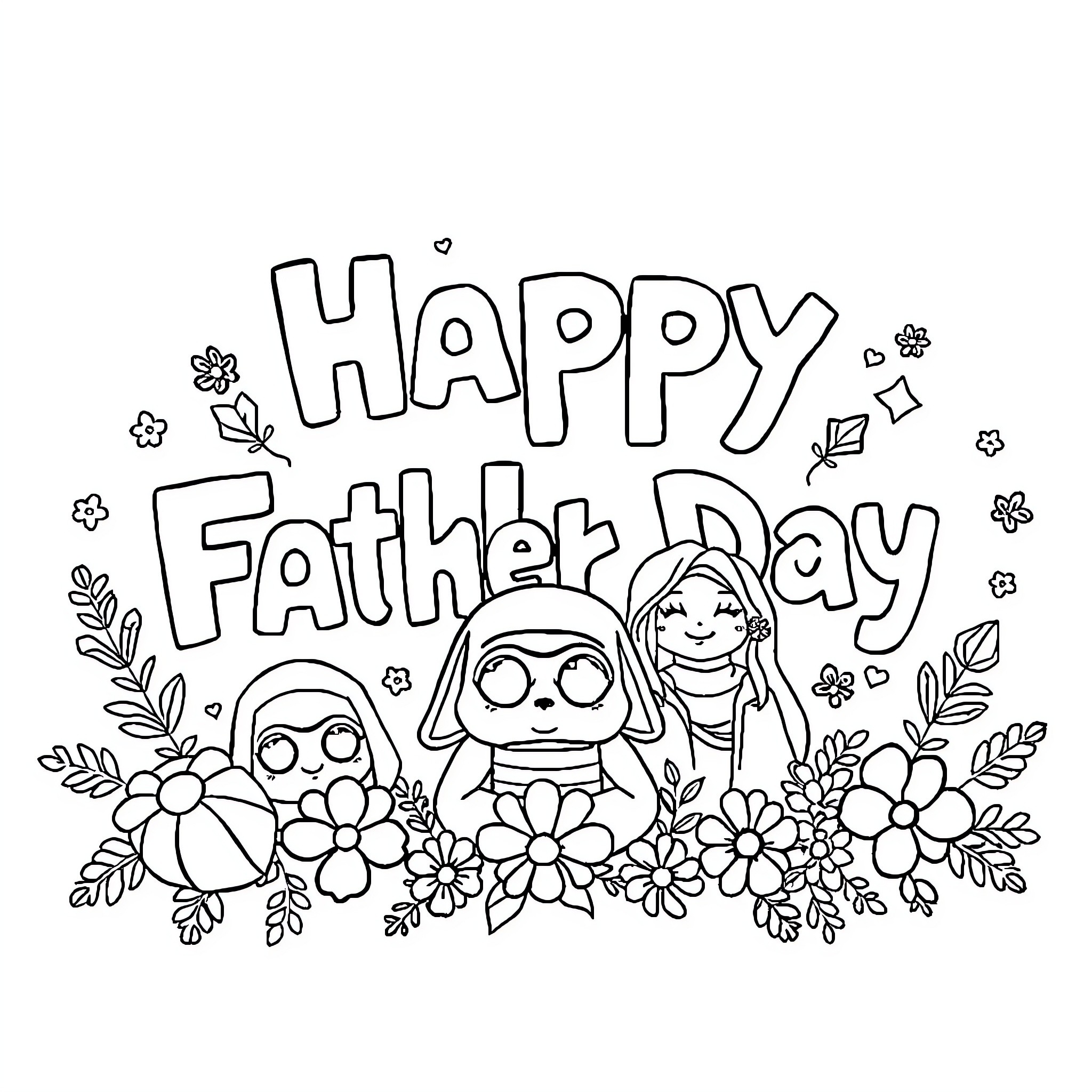 Father's Day Celebration with Flowers and Characters Coloring Page (free black-and-white line drawing printable PDF for all, from beginners to advanced learners, including children, teens, adults, and seniors)
