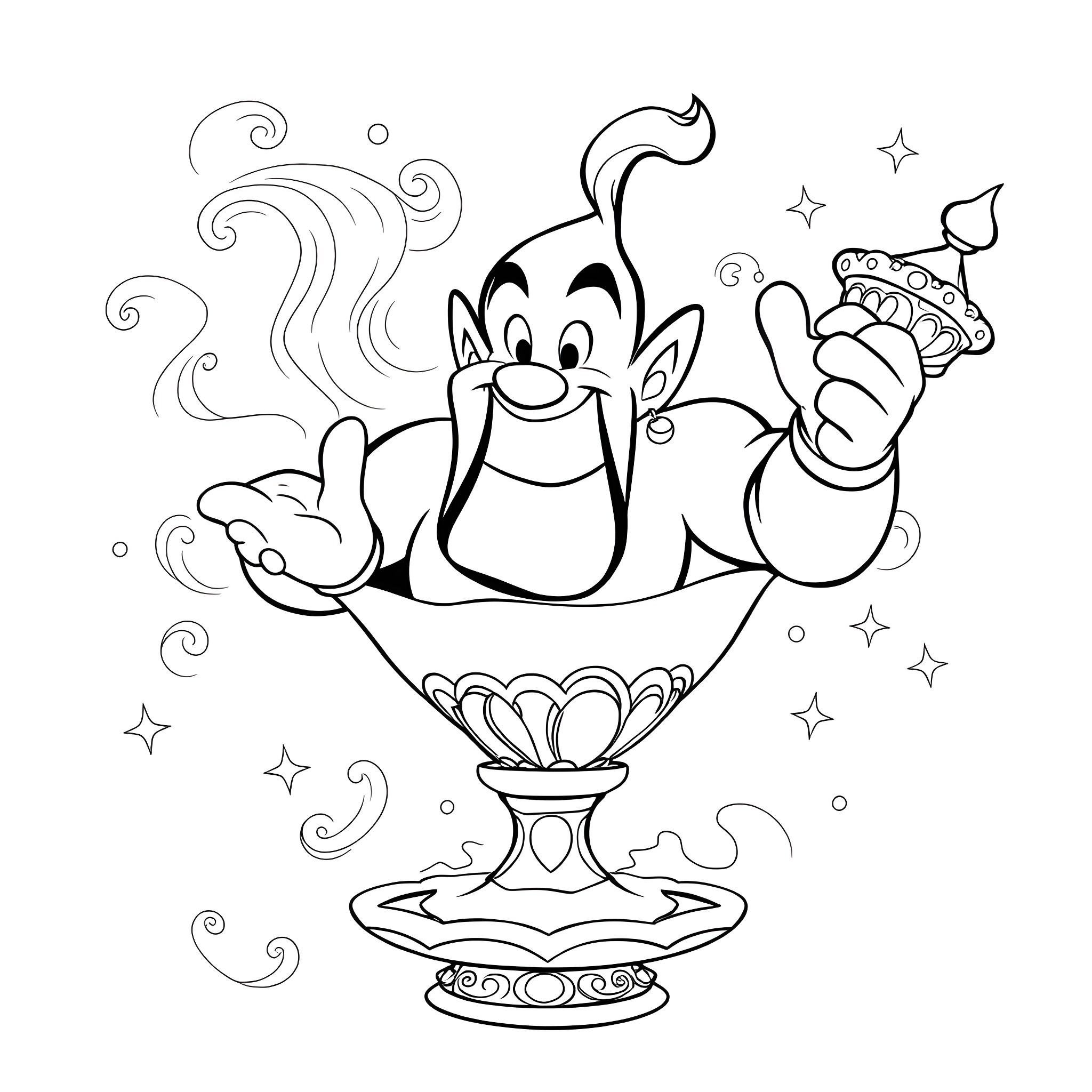 Genie emerging from a magical lamp with stars Coloring Page (free black-and-white line drawing printable PDF for all, from beginners to advanced learners, including children, teens, adults, and seniors)