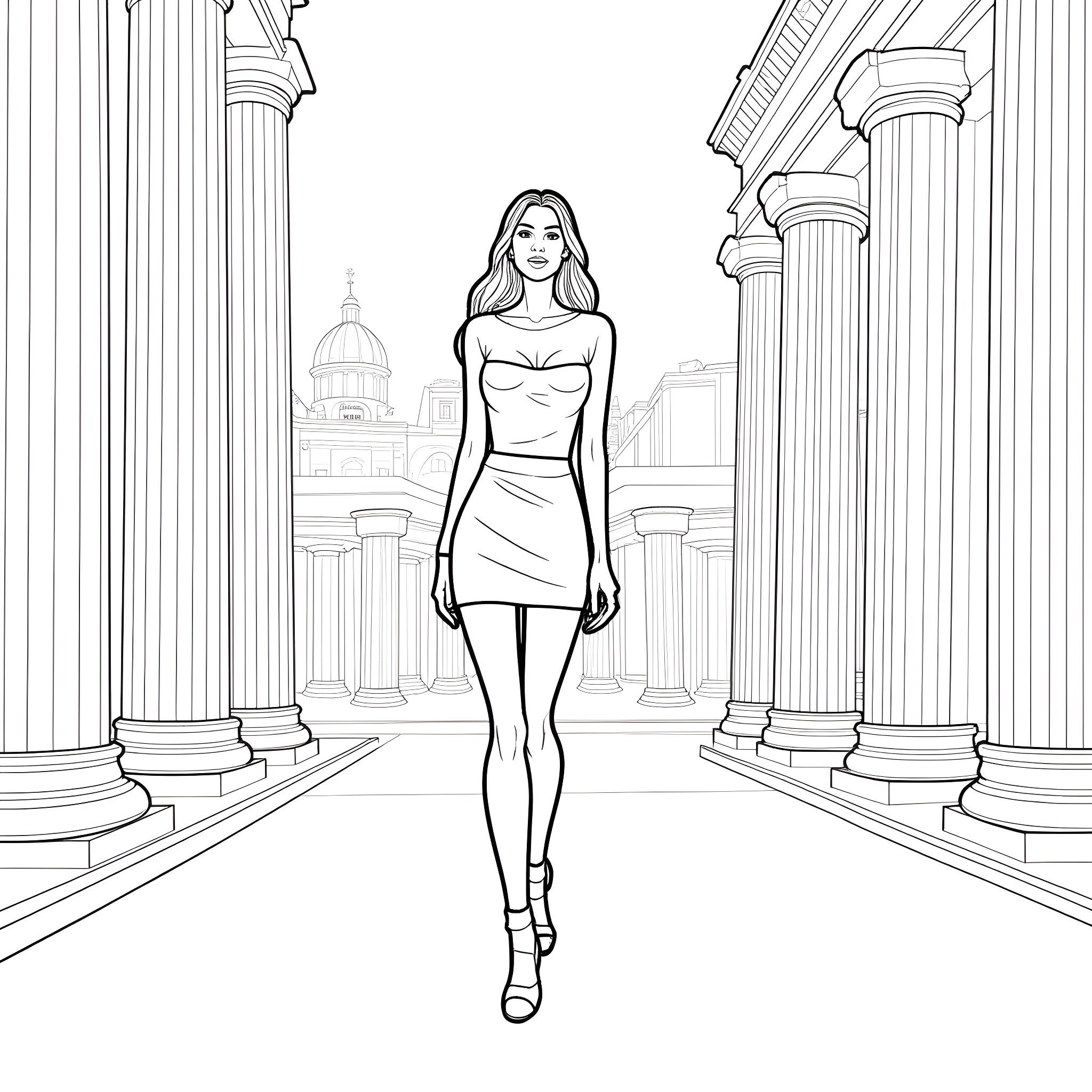 Model walking confidently through ornate architecture Coloring Page (free black-and-white line drawing printable PDF for all, from beginners to advanced learners, including children, teens, adults, and seniors)
