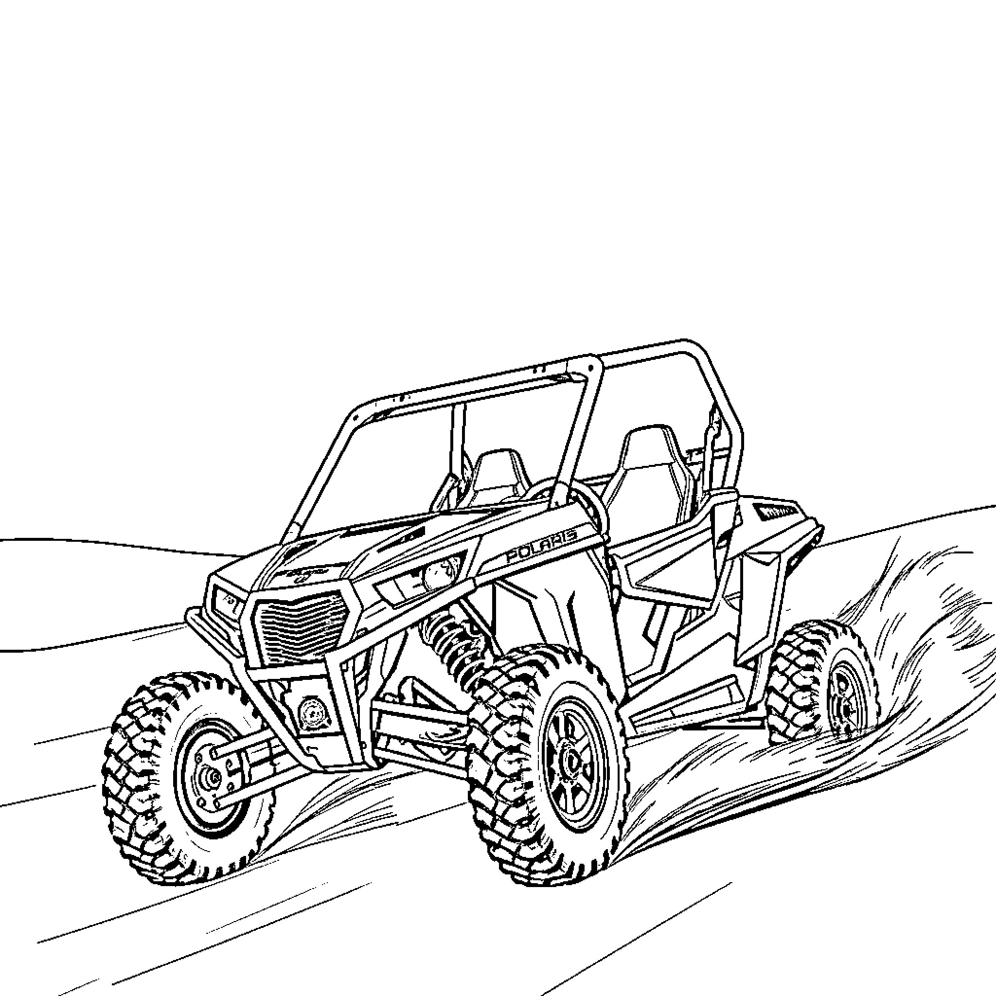 Polaris RZR off-road vehicle in action Coloring Page (free black-and-white line drawing printable PDF for all, from beginners to advanced learners, including children, teens, adults, and seniors)