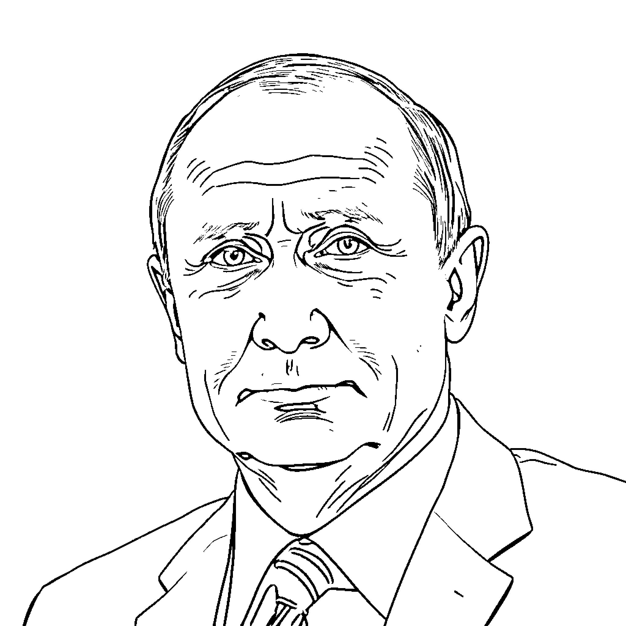 Vladimir Putin in Serious Contemplation Coloring Page (free black-and-white line drawing printable PDF for all, from beginners to advanced learners, including children, teens, adults, and seniors)