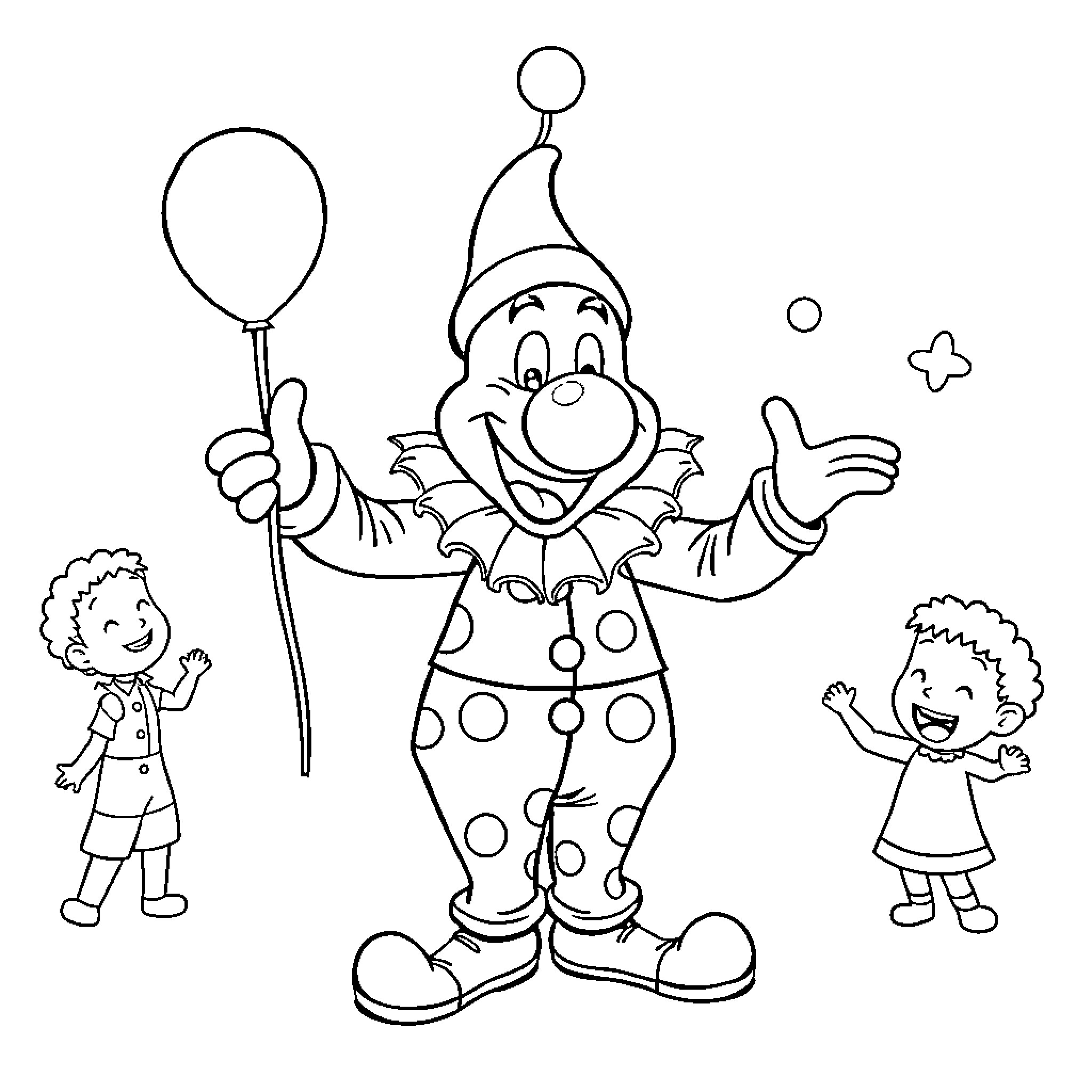 Bumba the Playful Clown Entertaining Children Coloring Page (free black-and-white line drawing printable PDF for all, from beginners to advanced learners, including children, teens, adults, and seniors)