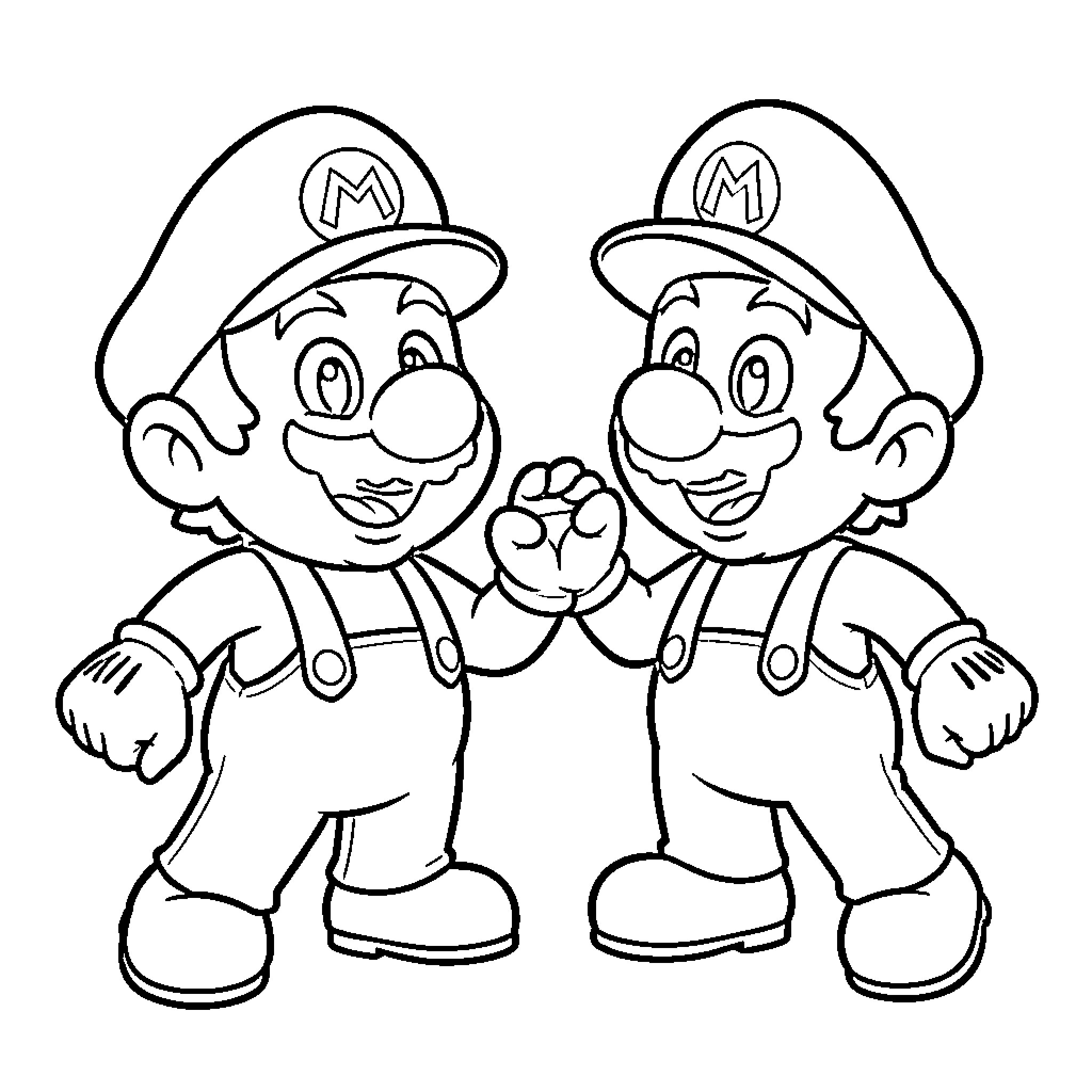 Baby Mario characters giving each other a high five Coloring Page (free black-and-white line drawing printable PDF for all, from beginners to advanced learners, including children, teens, adults, and seniors)