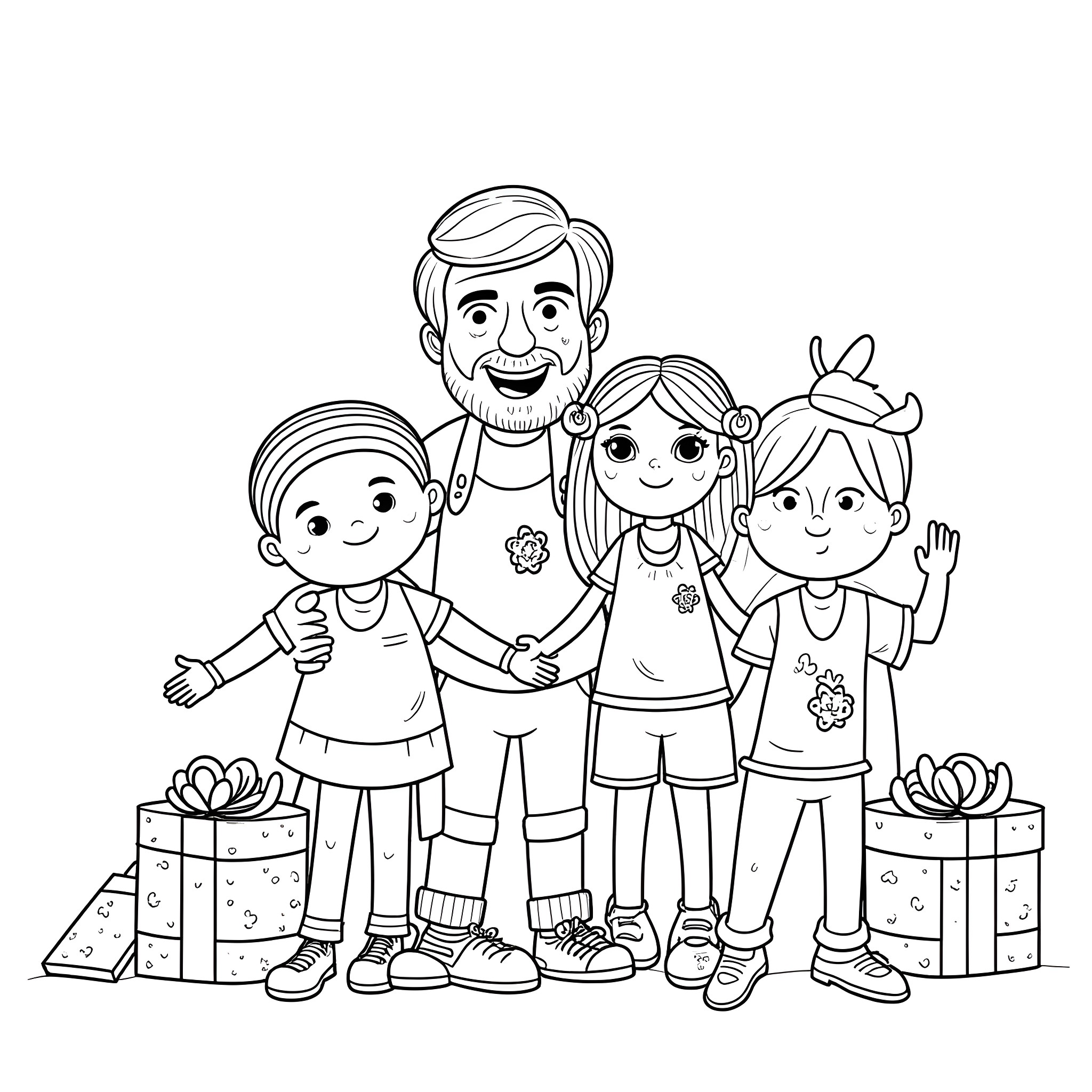 Father and his happy children with presents Coloring Page (free black-and-white line drawing printable PDF for all, from beginners to advanced learners, including children, teens, adults, and seniors)