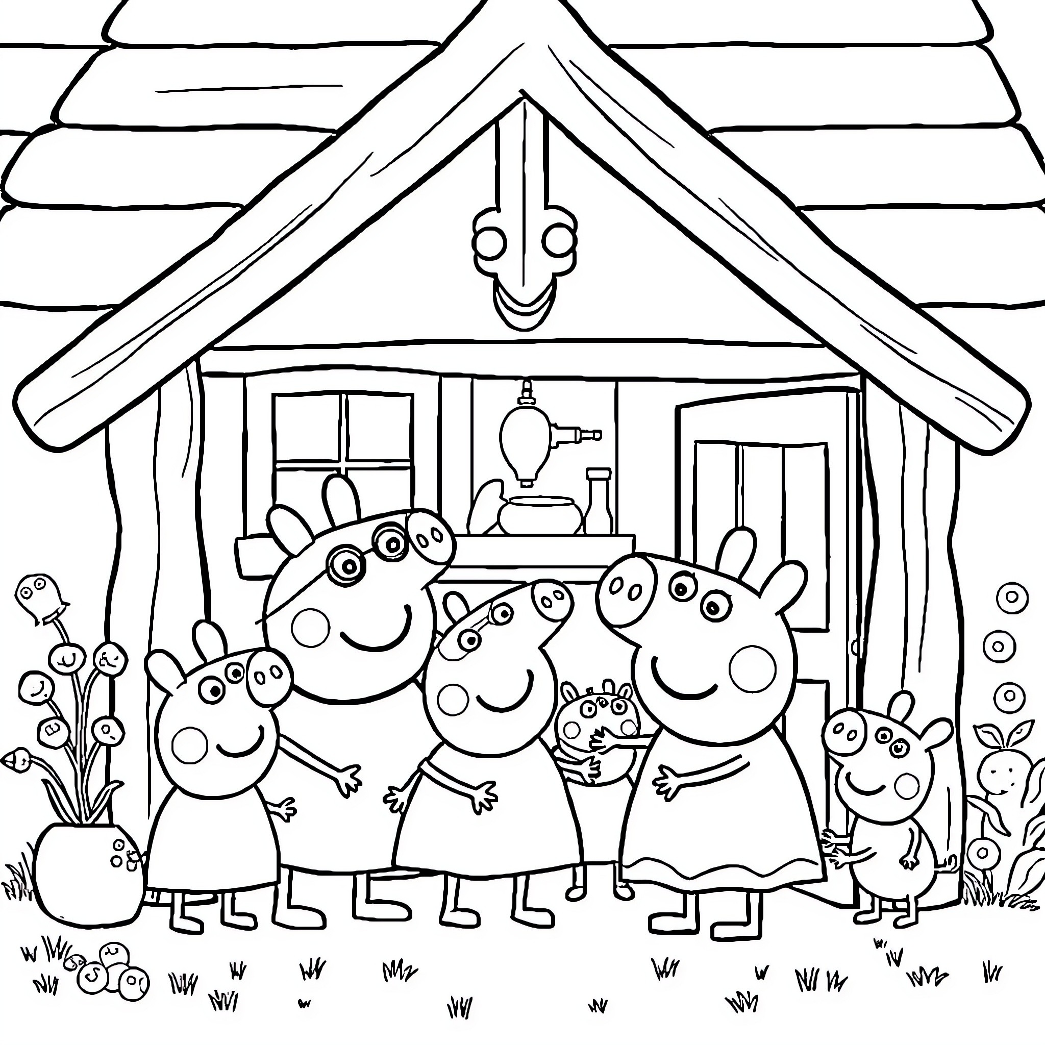 Peppa Pig family enjoying outdoor adventure Coloring Page (free black-and-white line drawing printable PDF for all, from beginners to advanced learners, including children, teens, adults, and seniors)
