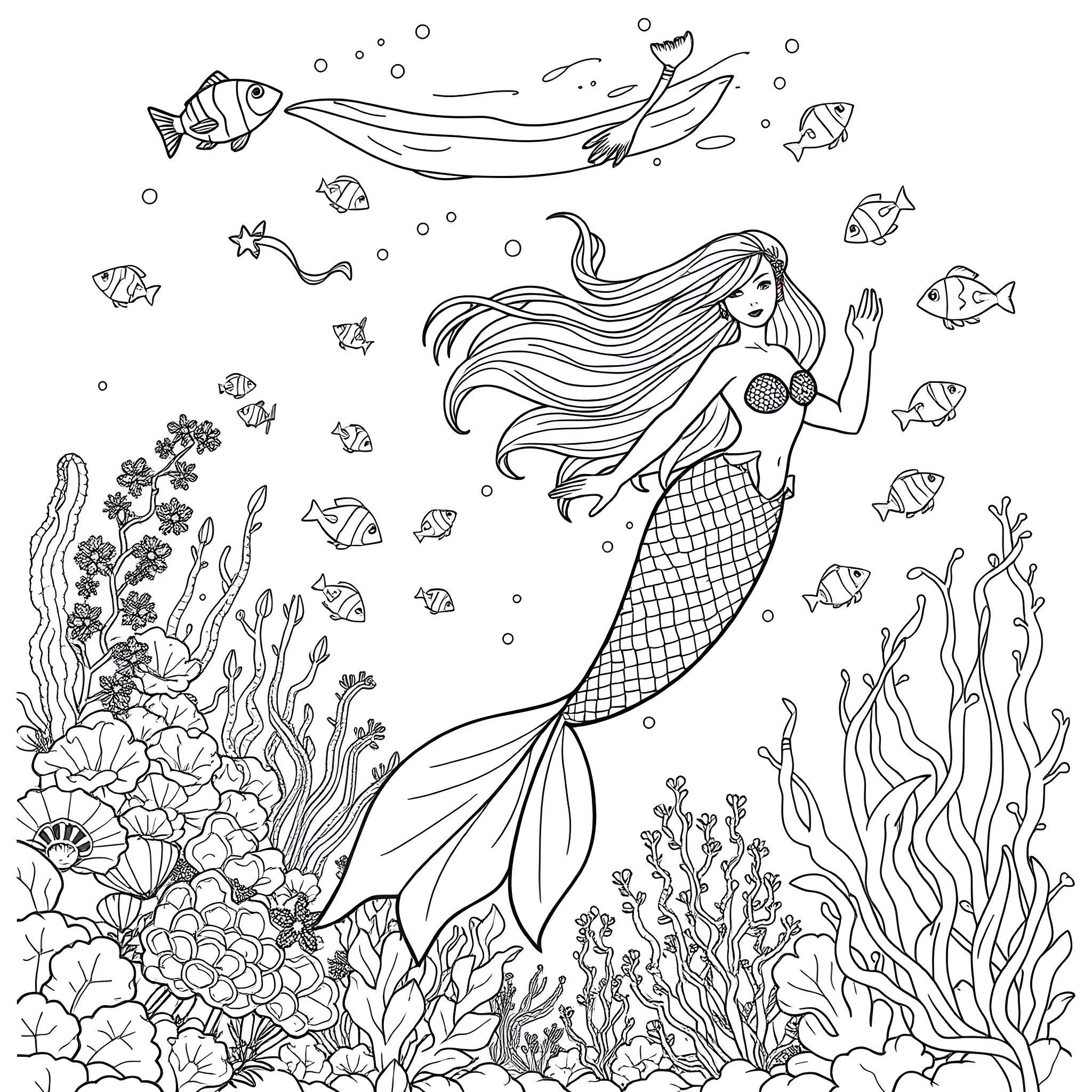 Mermaid swimming gracefully in the underwater paradise Coloring Page (free black-and-white line drawing printable PDF for all, from beginners to advanced learners, including children, teens, adults, and seniors)
