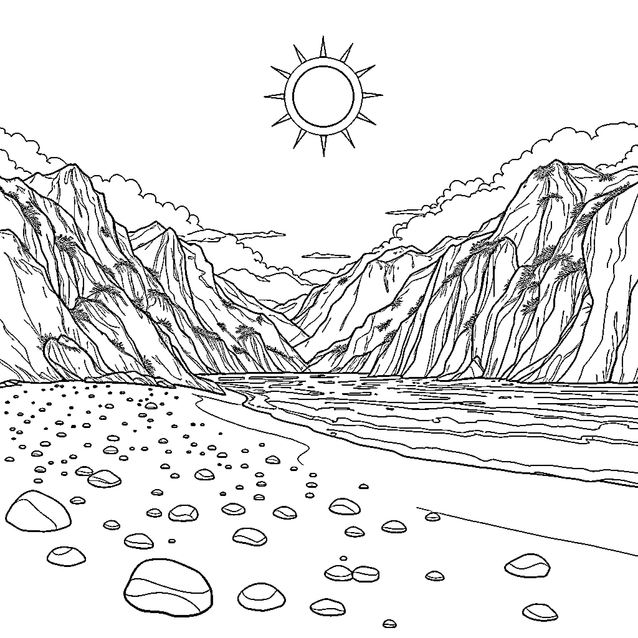 Playa of rocky mountains and sandy beach Coloring Page (free black-and-white line drawing printable PDF for all, from beginners to advanced learners, including children, teens, adults, and seniors)
