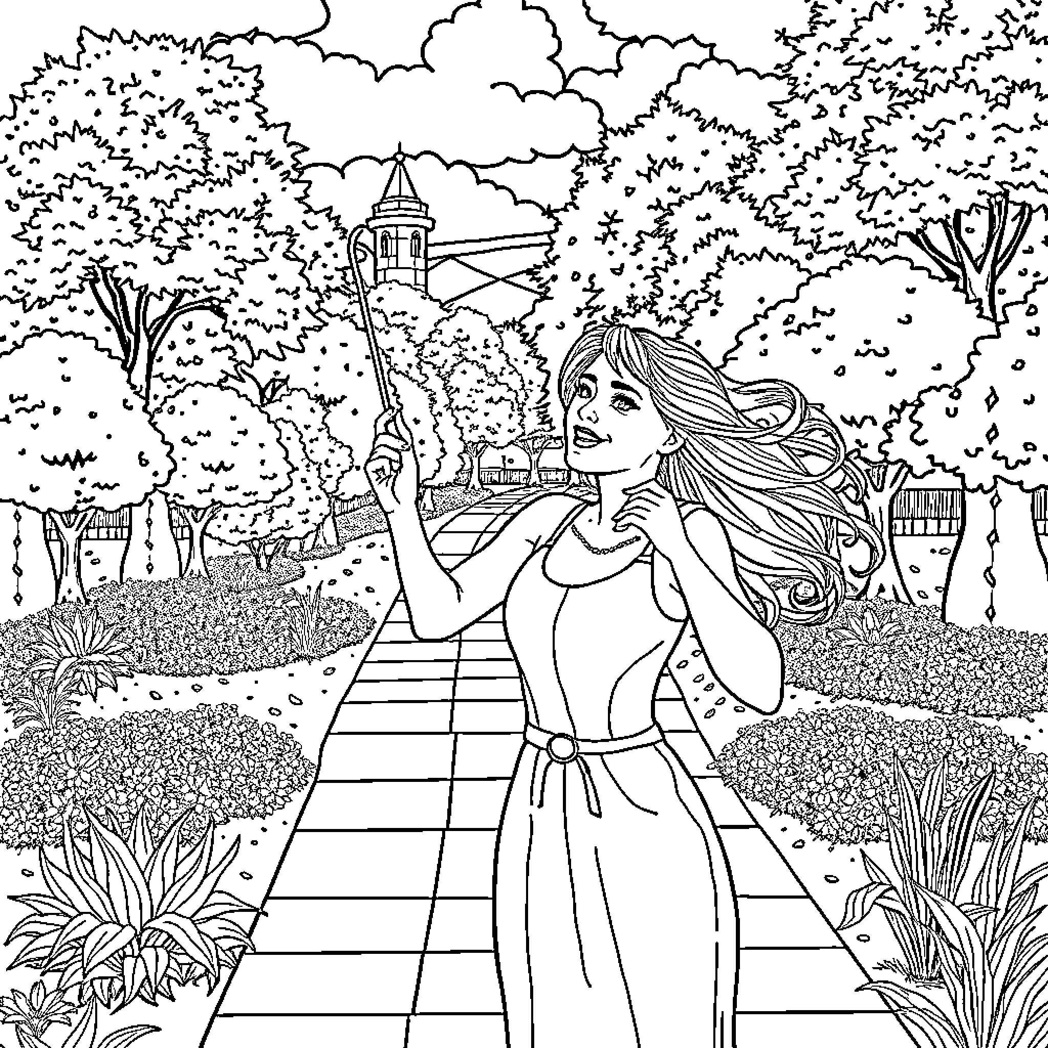 Wordenwoman enjoying a stroll through the enchanted gardens Coloring Page (free black-and-white line drawing printable PDF for all, from beginners to advanced learners, including children, teens, adults, and seniors)