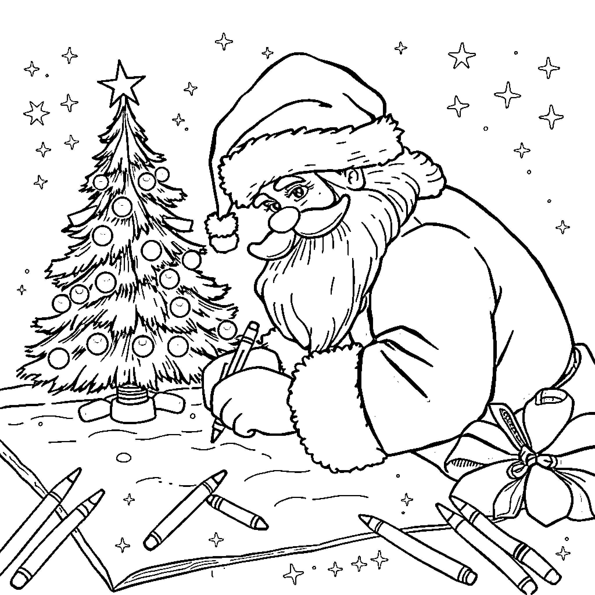 Santa decorating the Christmas tree with ornaments Coloring Page (free black-and-white line drawing printable PDF for all, from beginners to advanced learners, including children, teens, adults, and seniors)