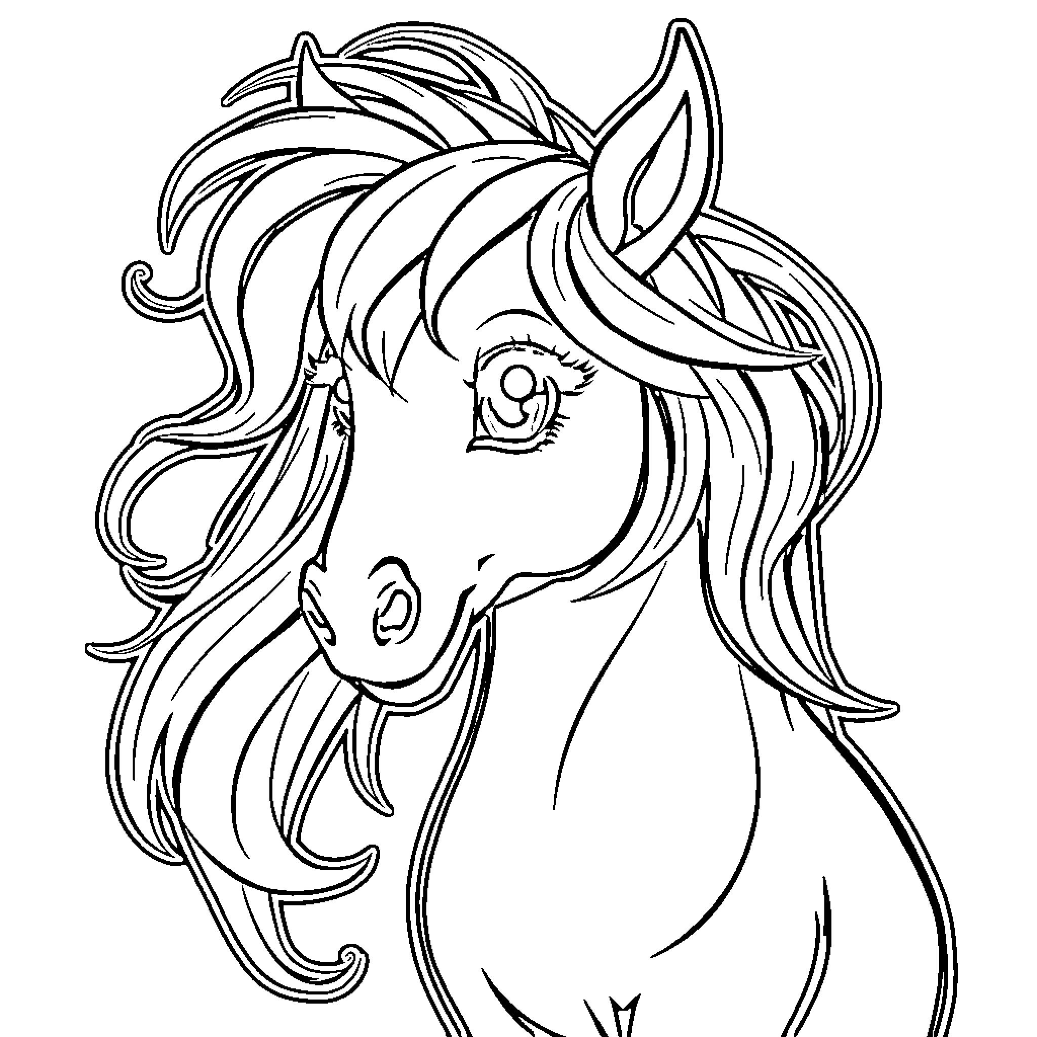 Pony with flowing mane in elegant pose Coloring Page (free black-and-white line drawing printable PDF for all, from beginners to advanced learners, including children, teens, adults, and seniors)