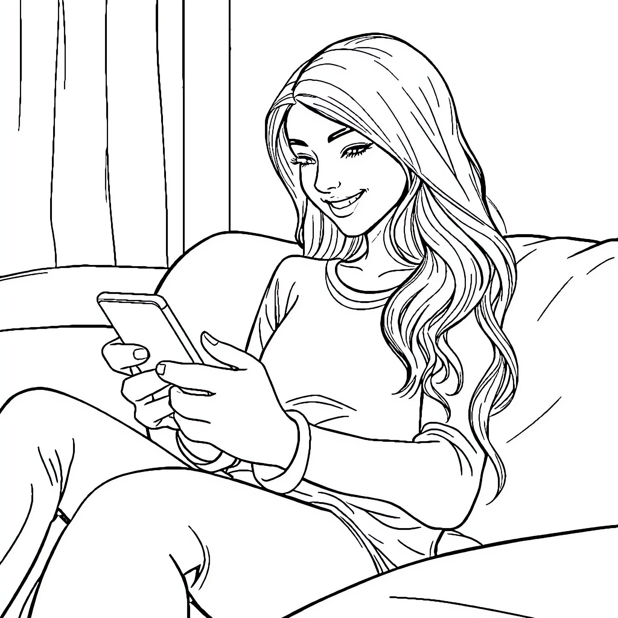 Girl relaxing and using smartphone indoors Coloring Page (free black-and-white line drawing printable PDF for all, from beginners to advanced learners, including children, teens, adults, and seniors)