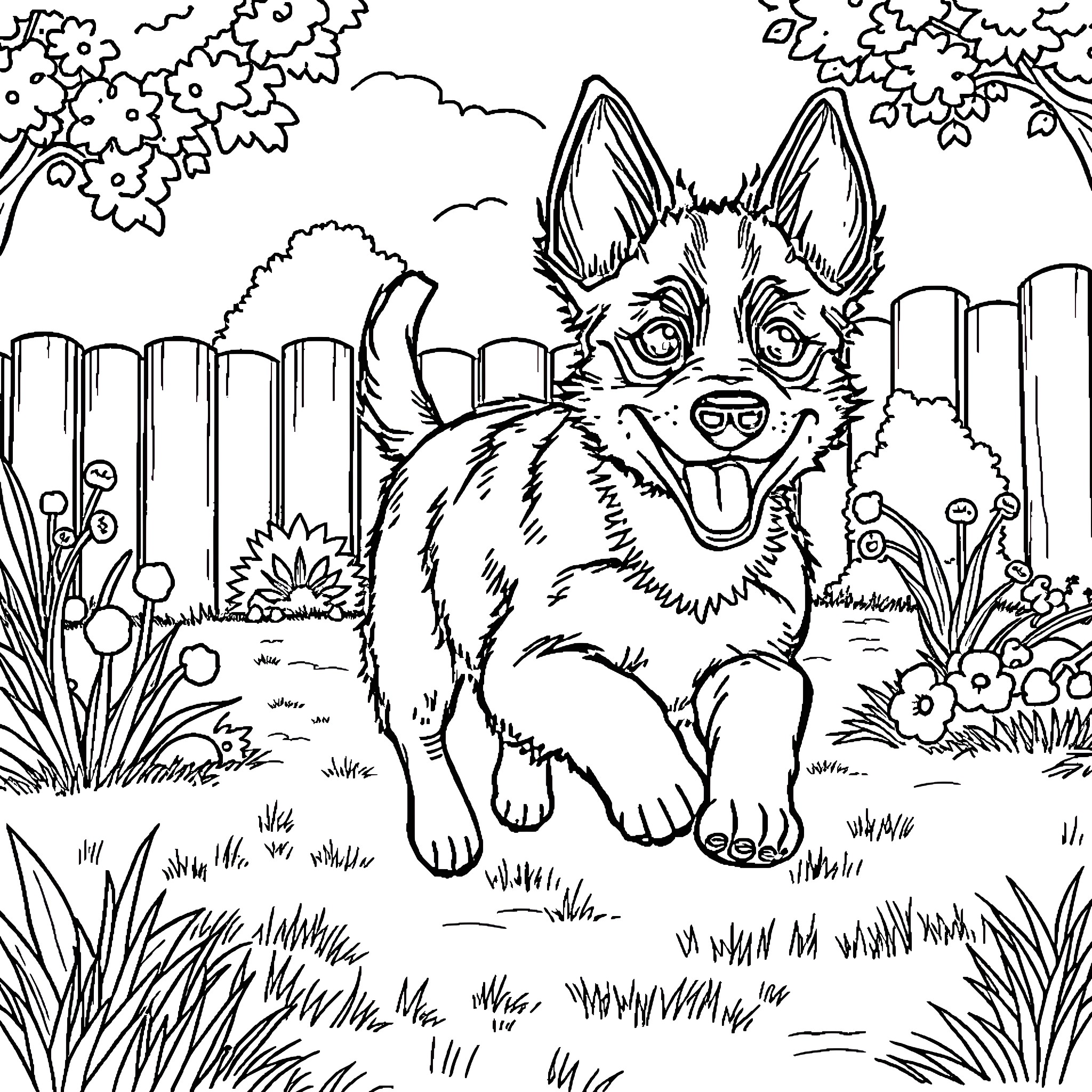 Bluey playing happily in the garden Coloring Page (free black-and-white line drawing printable PDF for all, from beginners to advanced learners, including children, teens, adults, and seniors)