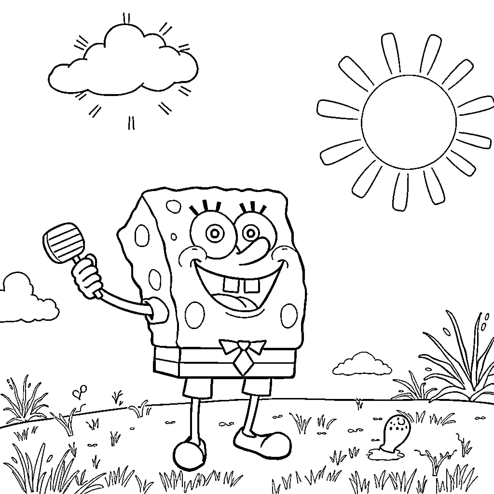 Spongebob enjoying a sunny day outdoors Coloring Page (free black-and-white line drawing printable PDF for all, from beginners to advanced learners, including children, teens, adults, and seniors)
