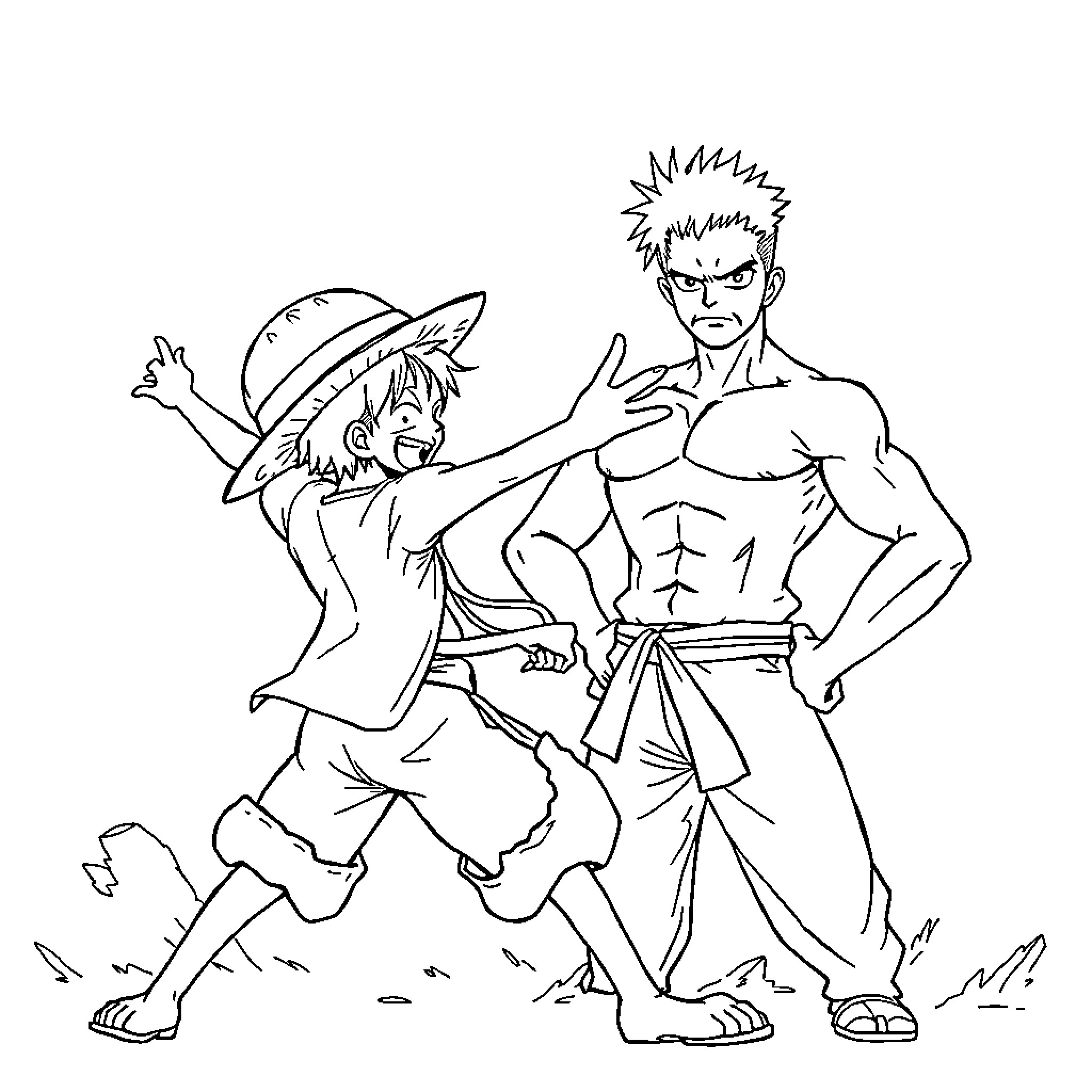 Luffy and Zoro in fighting stance Coloring Page (free black-and-white line drawing printable PDF for all, from beginners to advanced learners, including children, teens, adults, and seniors)