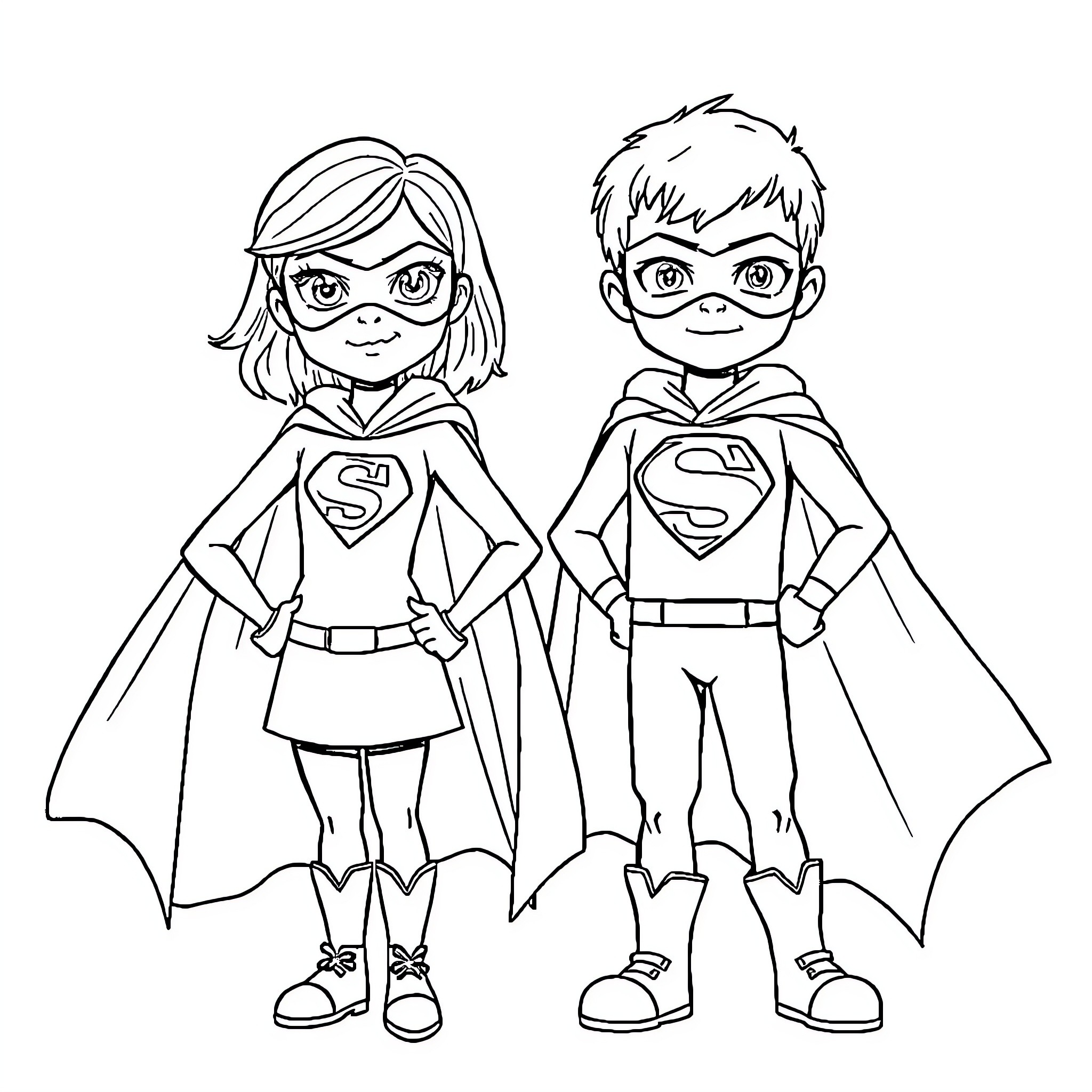Superhero siblings in costume with capes Coloring Page (free black-and-white line drawing printable PDF for all, from beginners to advanced learners, including children, teens, adults, and seniors)
