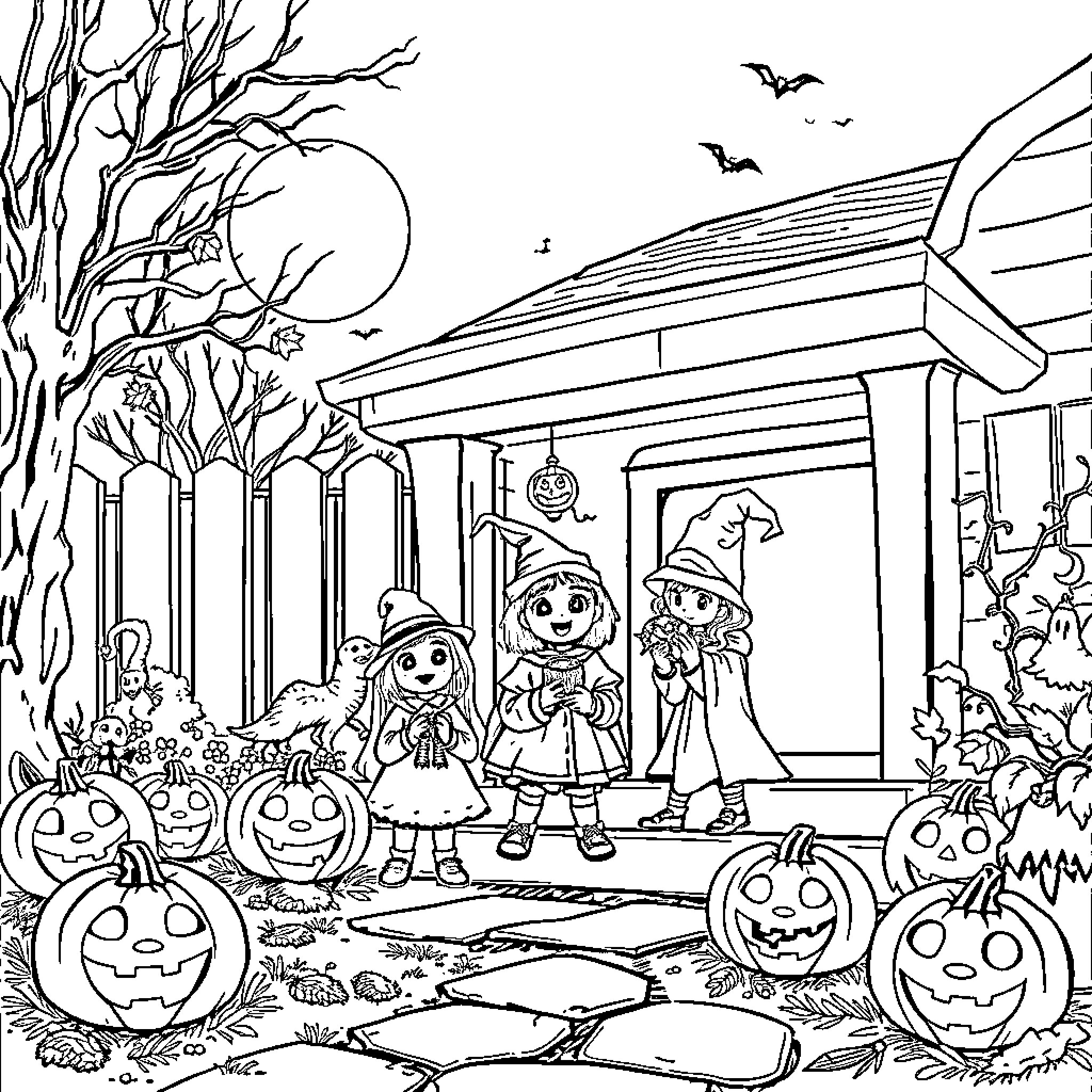 Halloween Trick-or-Treaters on a Spooky Night Coloring Page (free black-and-white line drawing printable PDF for all, from beginners to advanced learners, including children, teens, adults, and seniors)