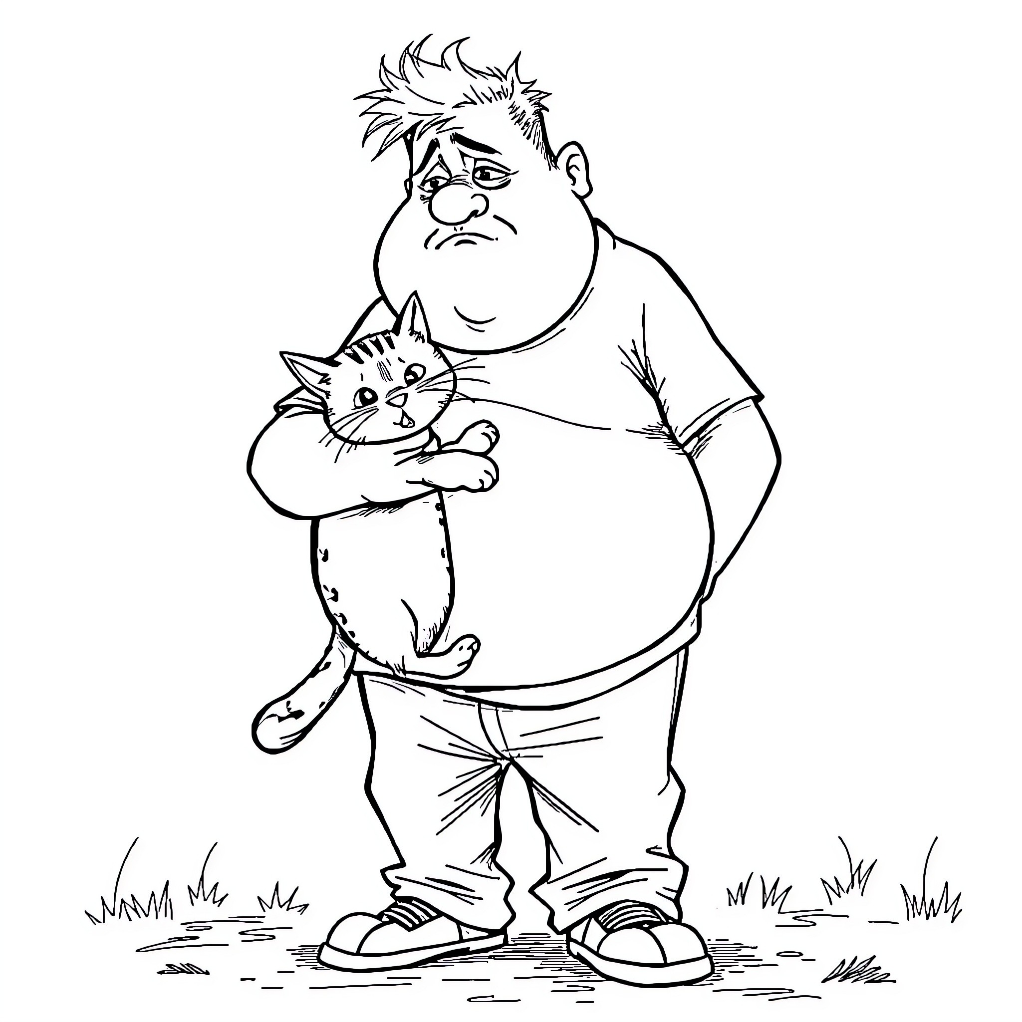 Man comforting a kitten in the outdoors Coloring Page (free black-and-white line drawing printable PDF for all, from beginners to advanced learners, including children, teens, adults, and seniors)