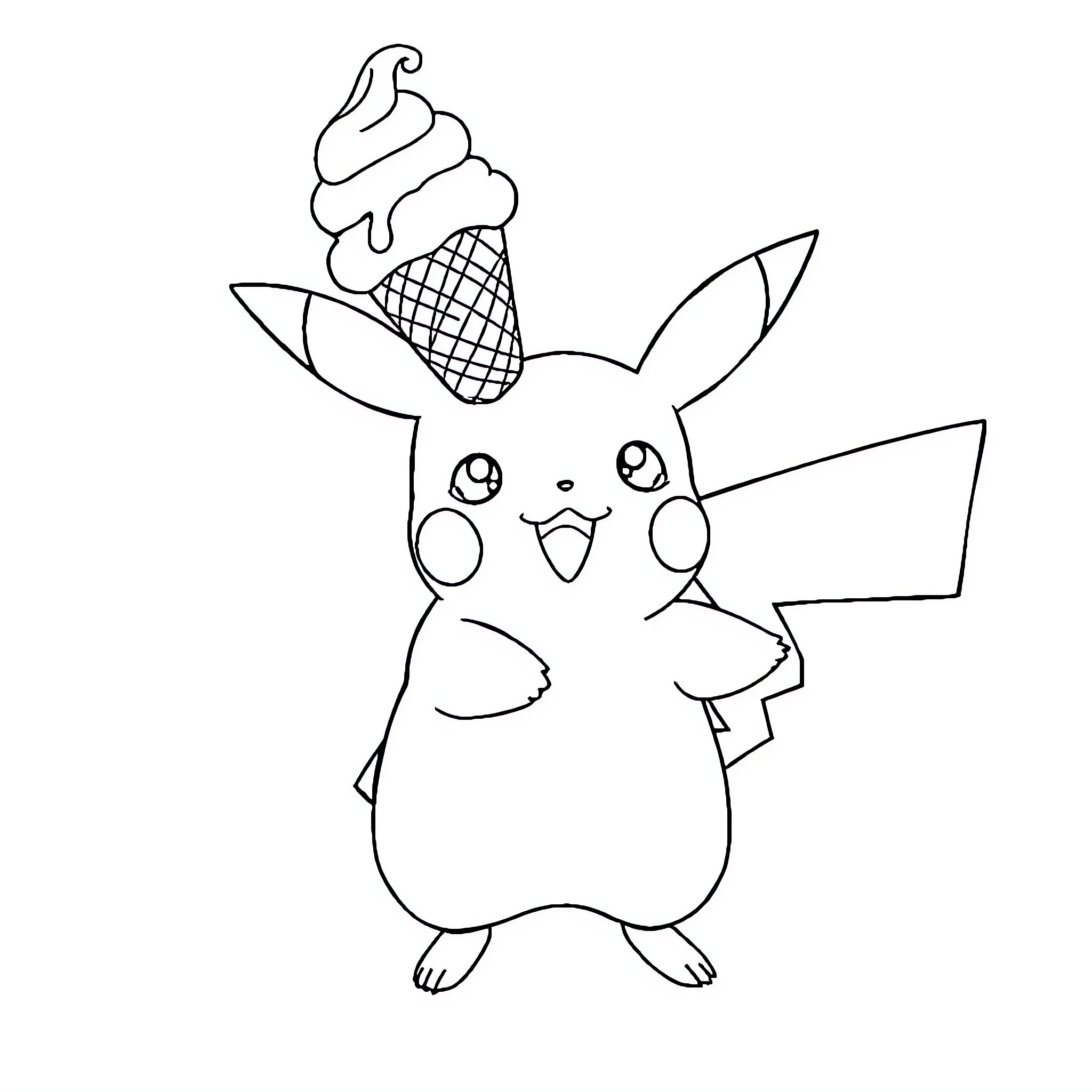 Pikachu enjoying an ice cream cone Coloring Page (free black-and-white line drawing printable PDF for all, from beginners to advanced learners, including children, teens, adults, and seniors)