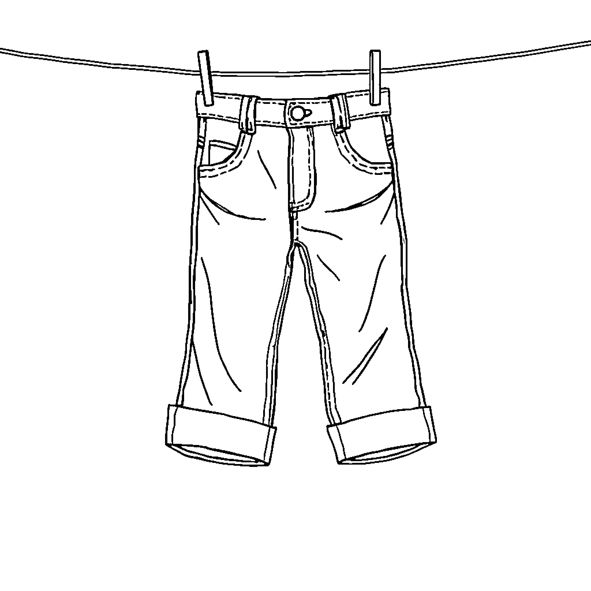 Denim Pants Hanging on Clothesline Coloring Page (free black-and-white line drawing printable PDF for all, from beginners to advanced learners, including children, teens, adults, and seniors)