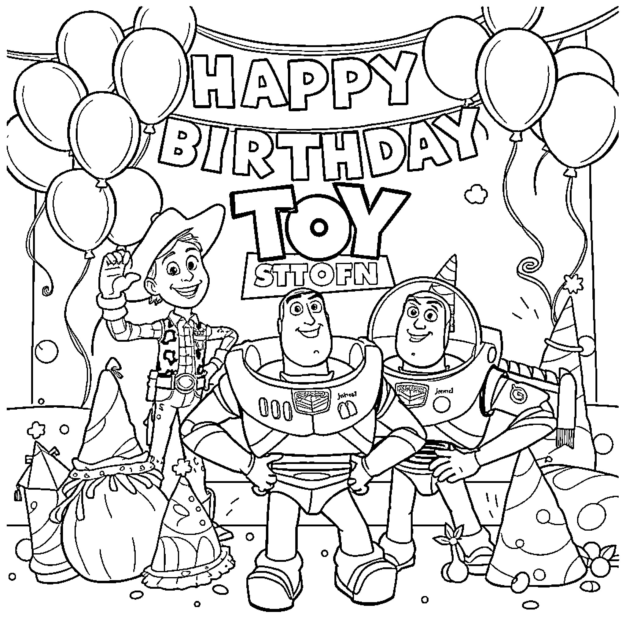 Toy Story characters celebrating a birthday party Coloring Page (free black-and-white line drawing printable PDF for all, from beginners to advanced learners, including children, teens, adults, and seniors)