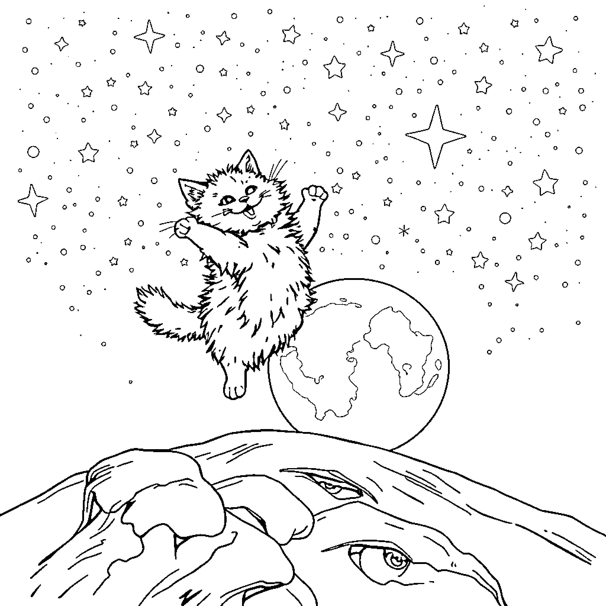 Cat exploring the starry night sky Coloring Page (free black-and-white line drawing printable PDF for all, from beginners to advanced learners, including children, teens, adults, and seniors)