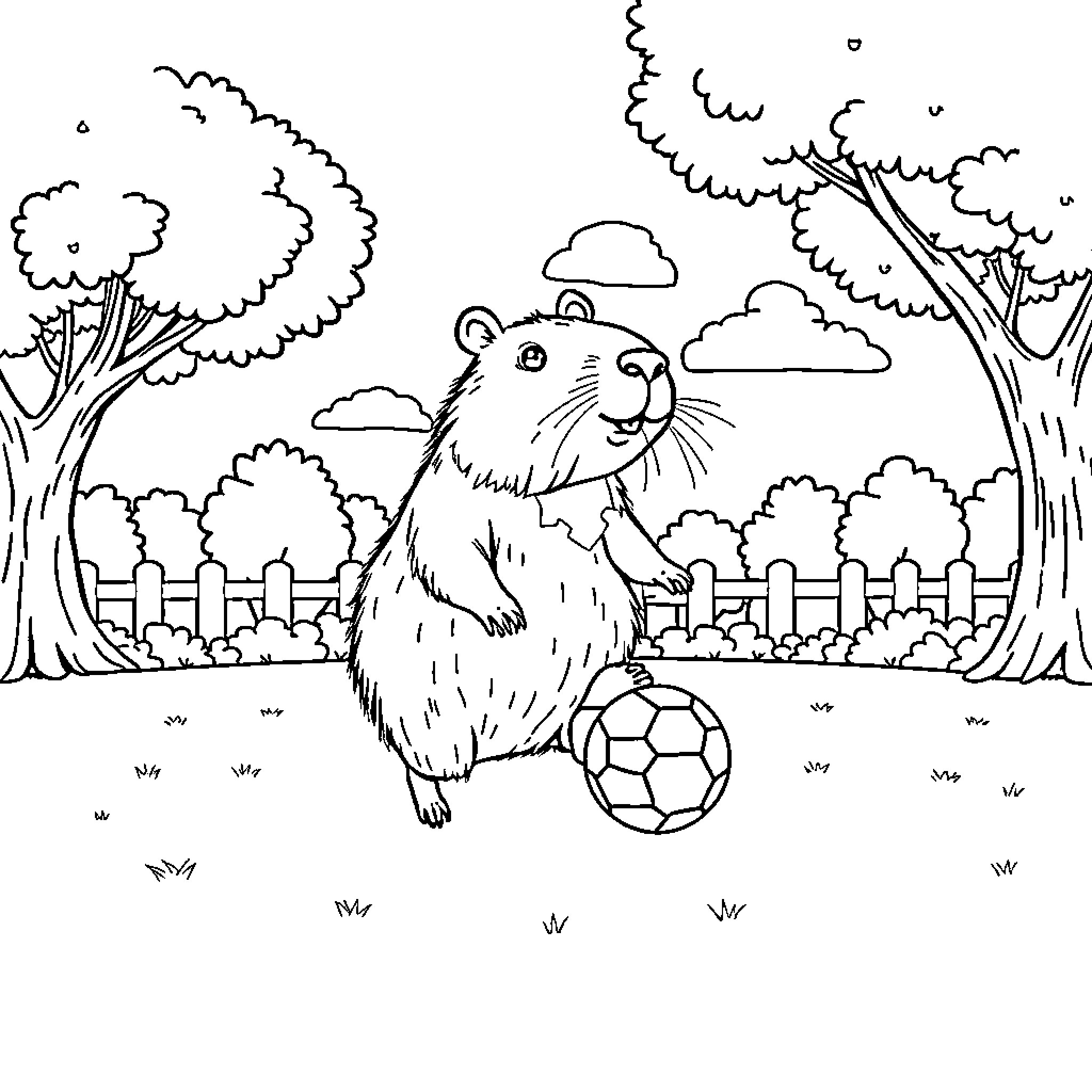 Capybara playing with a soccer ball in the park Coloring Page (free black-and-white line drawing printable PDF for all, from beginners to advanced learners, including children, teens, adults, and seniors)