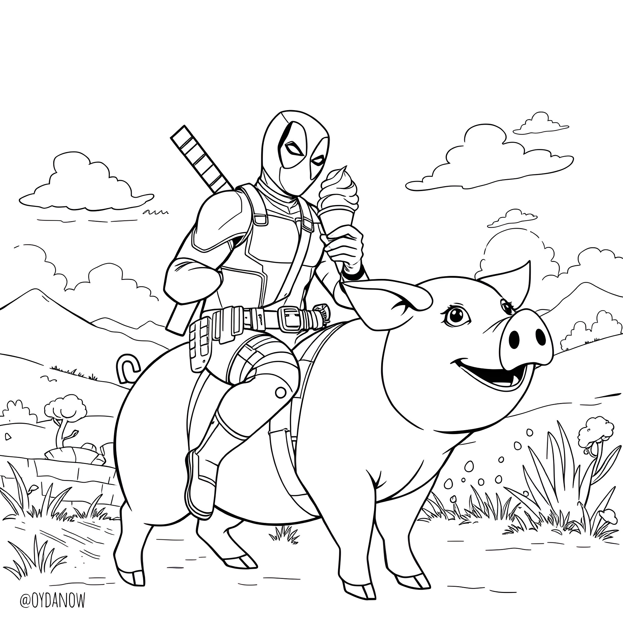 Deadpool riding a playful pig in a scenic landscape Coloring Page (free black-and-white line drawing printable PDF for all, from beginners to advanced learners, including children, teens, adults, and seniors)