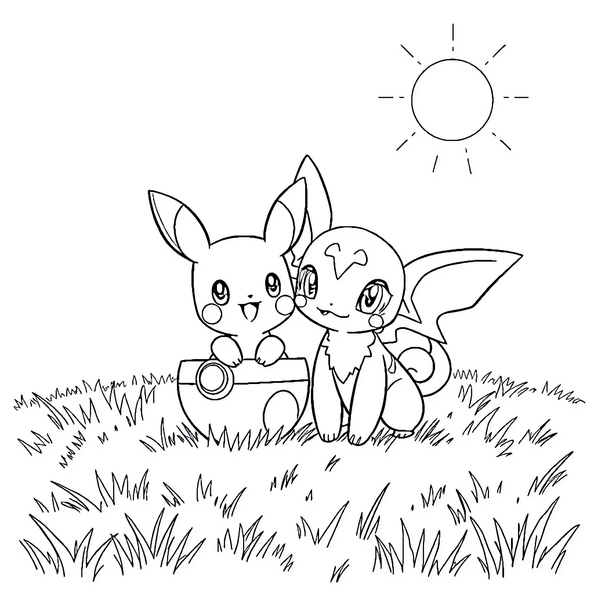 Pokémon characters resting in a grassy field Coloring Page (free black-and-white line drawing printable PDF for all, from beginners to advanced learners, including children, teens, adults, and seniors)
