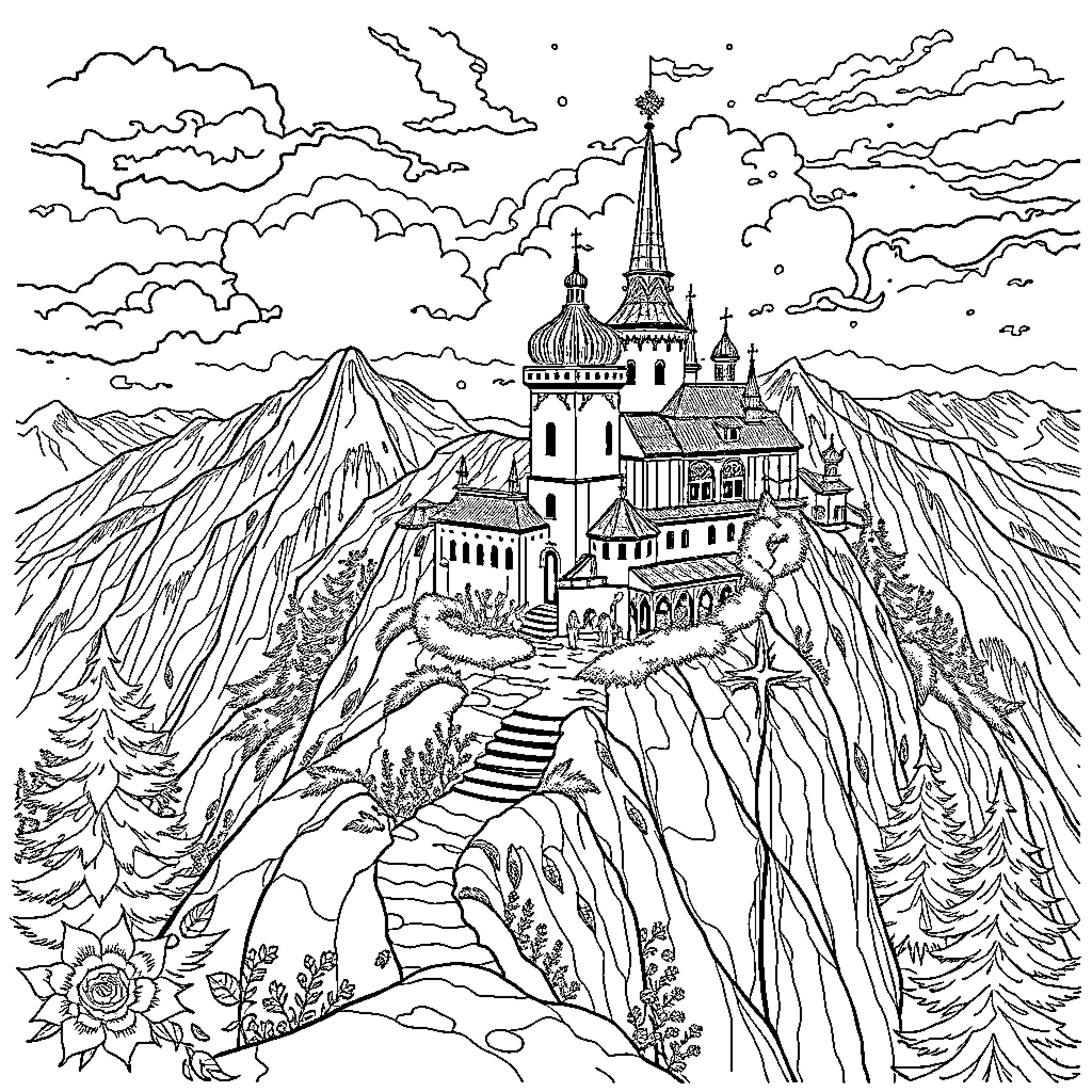 Hero's Fantastical Castle in the Clouds Coloring Page (free black-and-white line drawing printable PDF for all, from beginners to advanced learners, including children, teens, adults, and seniors)