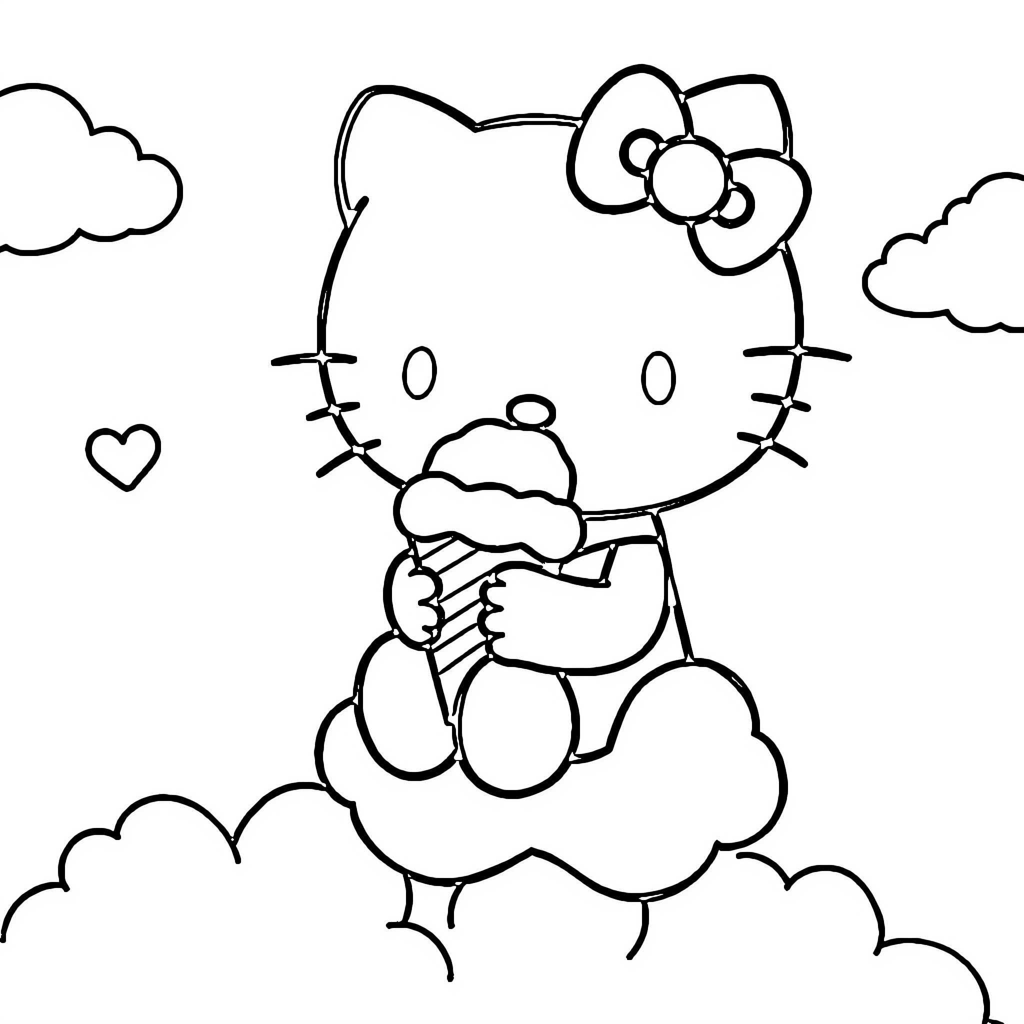 Hello Kitty playing on fluffy clouds Coloring Page (free black-and-white line drawing printable PDF for all, from beginners to advanced learners, including children, teens, adults, and seniors)