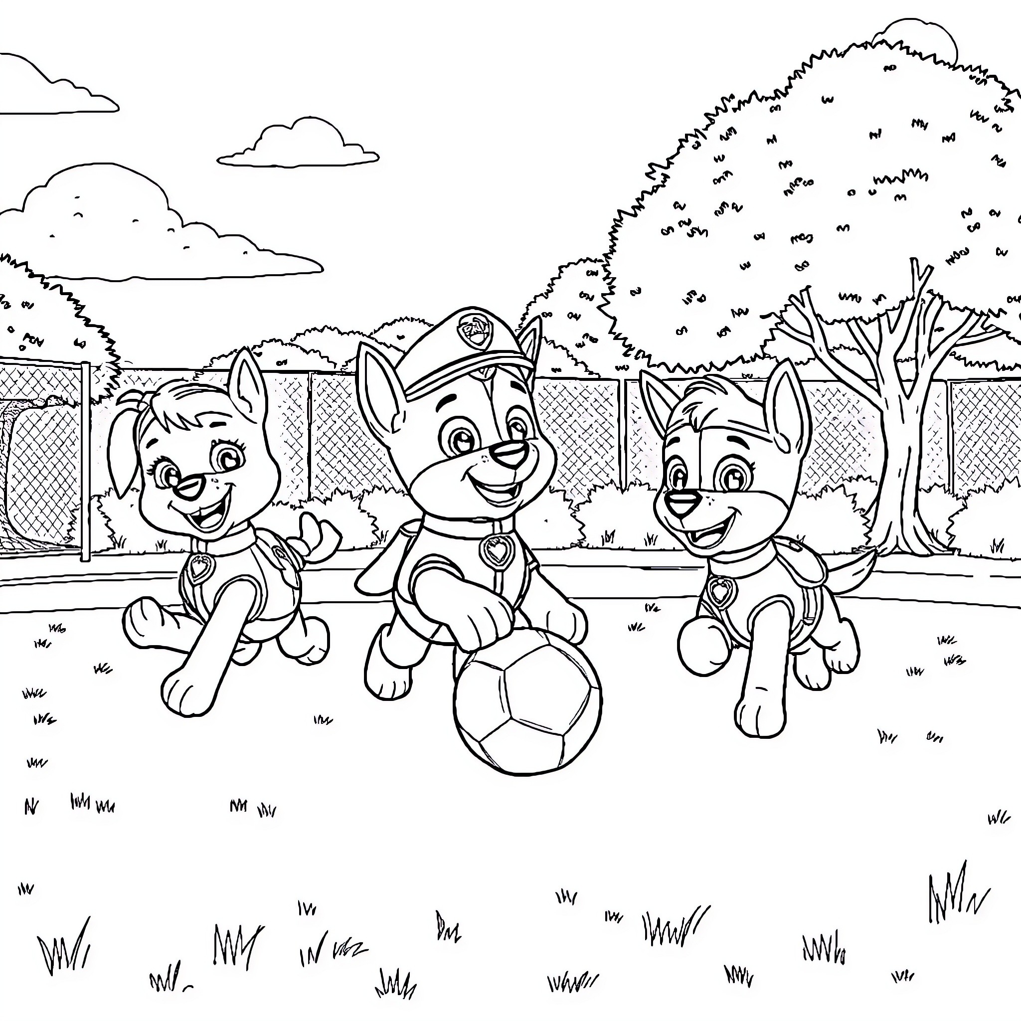 Paw Patrol playing together in the park Coloring Page (free black-and-white line drawing printable PDF for all, from beginners to advanced learners, including children, teens, adults, and seniors)